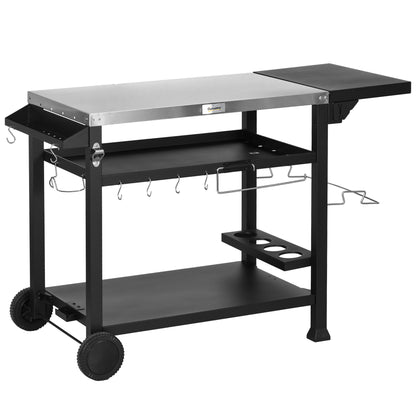 Barbecue Plancha Cart with Stainless Steel Tray, Multi-Equipment, 6 Hooks, Folding Shelf, 3 Layers, 2 Wheels