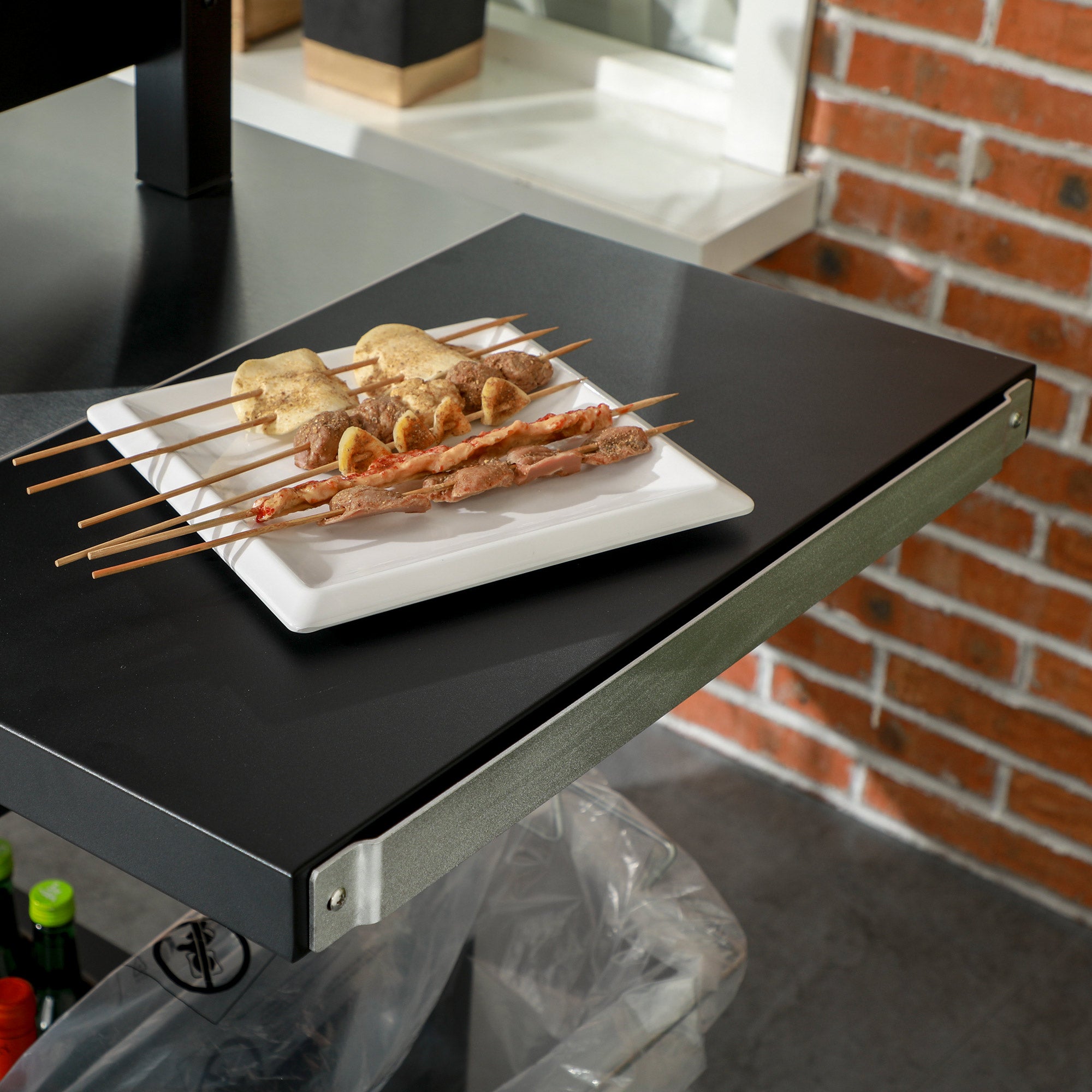 Barbecue Plancha Cart with Stainless Steel Tray, Multi-Equipment, 6 Hooks, Folding Shelf, 3 Layers, 2 Wheels