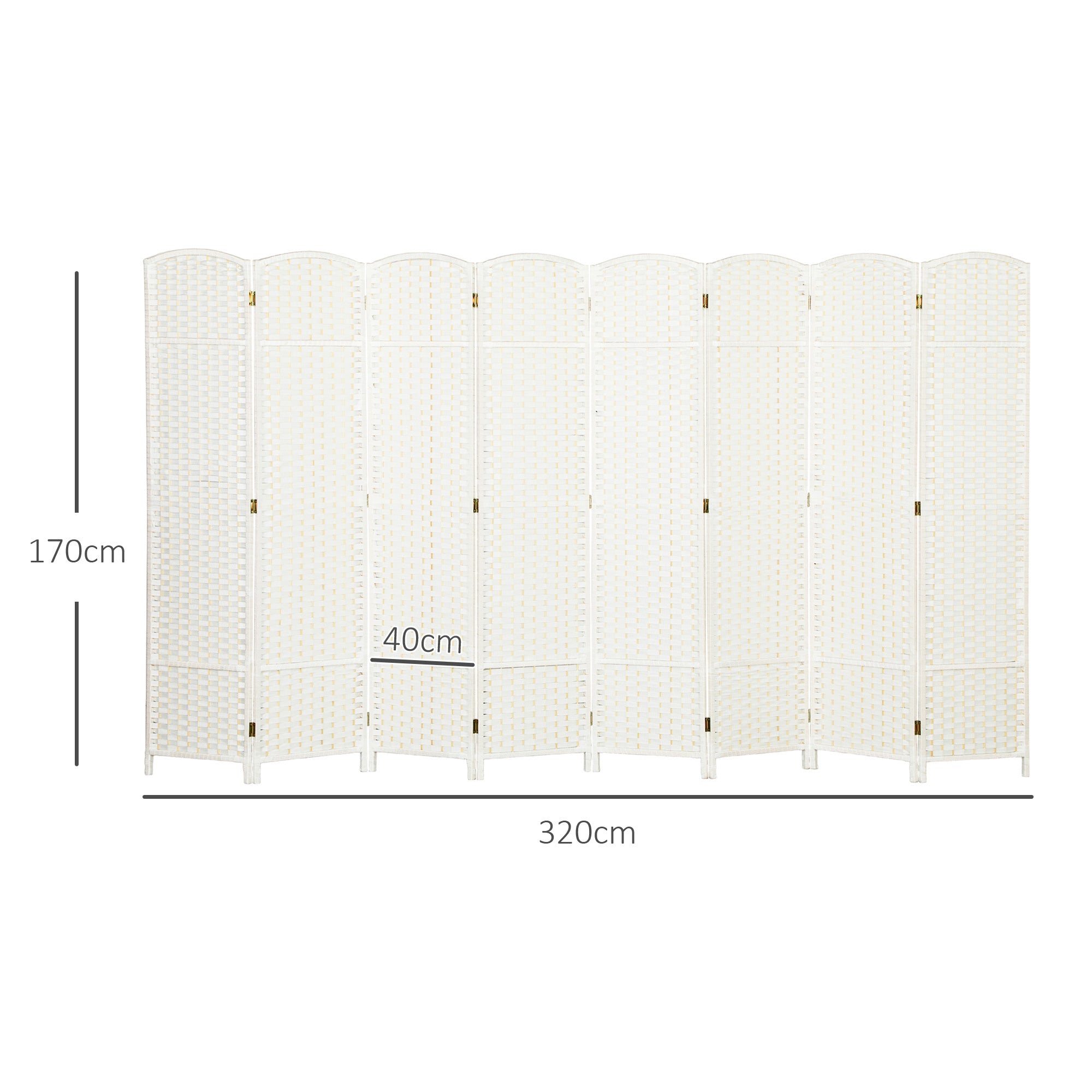 8-Panel Room Divider 320 x 170 cm - Folding Pine Wood Privacy Screen for Bedroom & Living Room, White