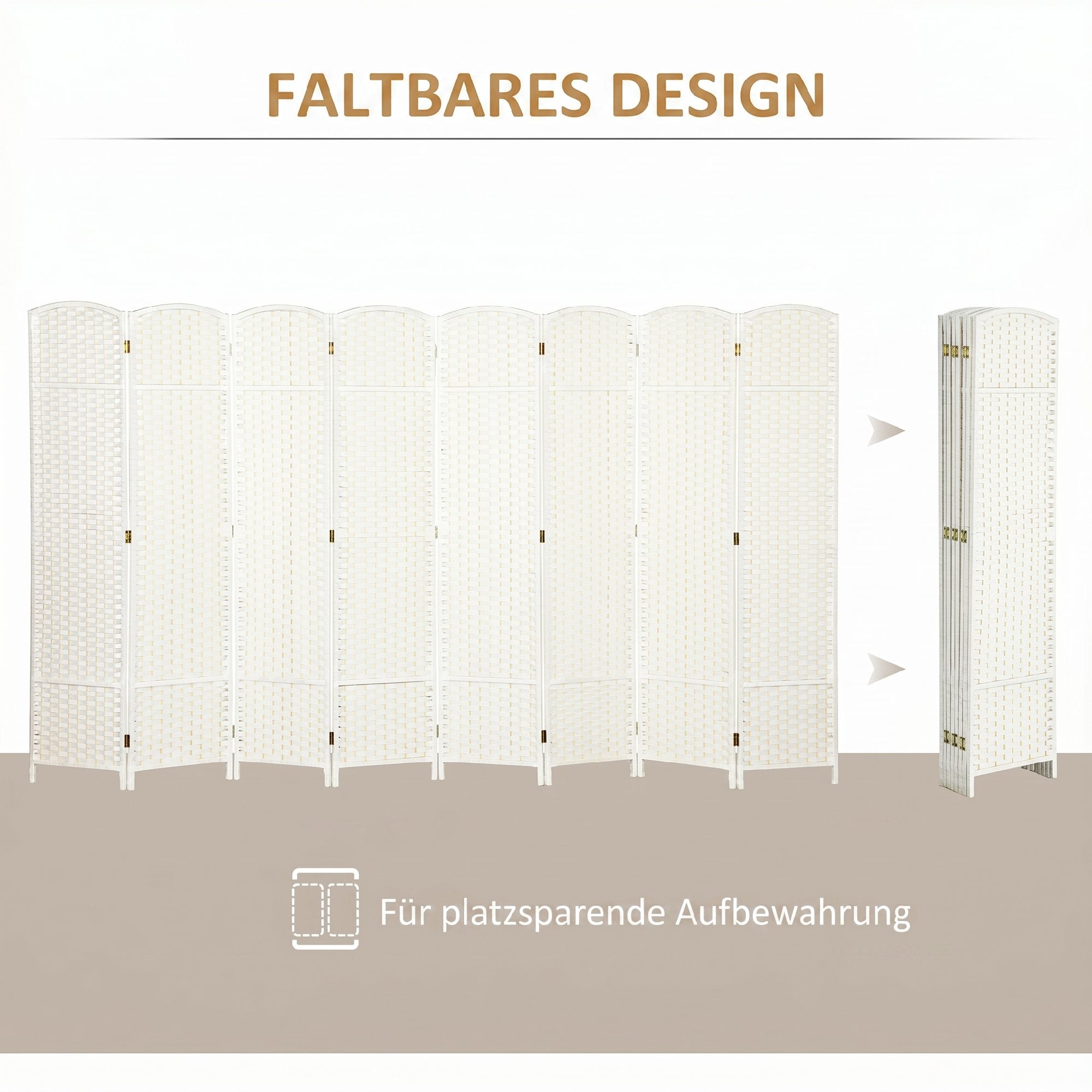8-Panel Room Divider 320 x 170 cm - Folding Pine Wood Privacy Screen for Bedroom & Living Room, White