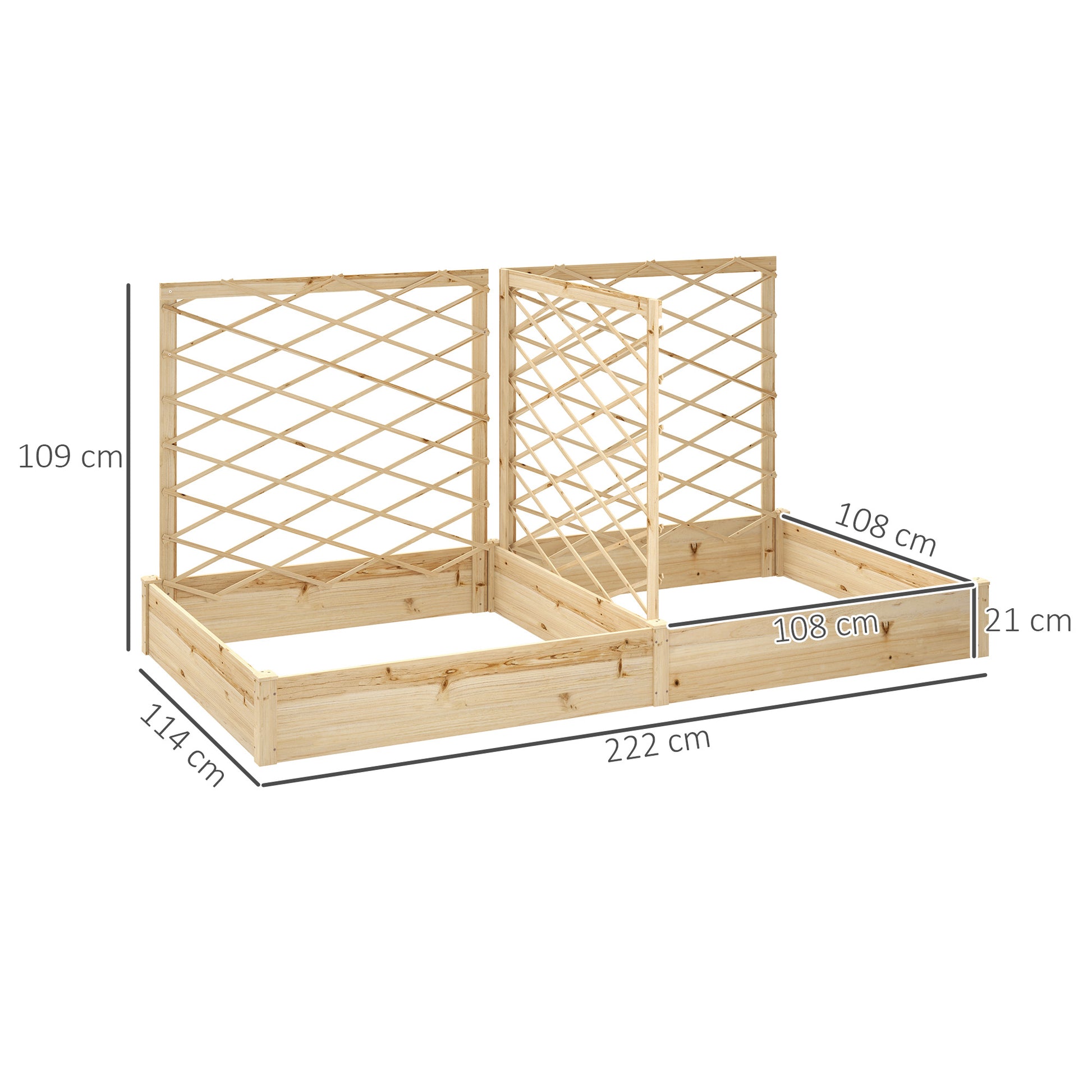 Planter with 3 customizable trellises, garden raised bed, outdoor wooden planter, flower box for balcony terrace patio, 222 x 114 x 109 cm, natural wood effect
