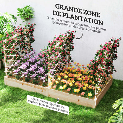 Planter with 3 customizable trellises, garden raised bed, outdoor wooden planter, flower box for balcony terrace patio, 222 x 114 x 109 cm, natural wood effect