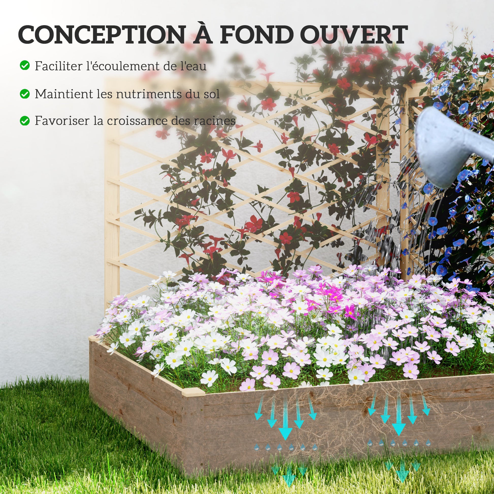 Planter with 3 customizable trellises, garden raised bed, outdoor wooden planter, flower box for balcony terrace patio, 222 x 114 x 109 cm, natural wood effect