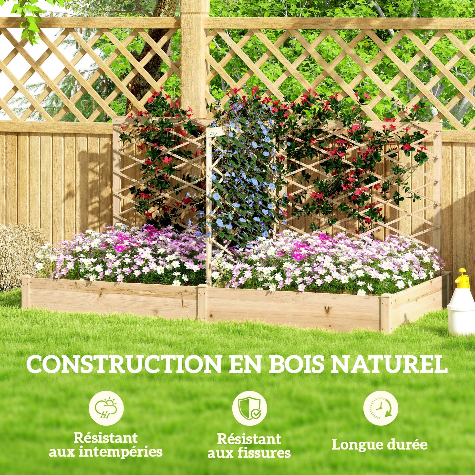 Planter with 3 customizable trellises, garden raised bed, outdoor wooden planter, flower box for balcony terrace patio, 222 x 114 x 109 cm, natural wood effect