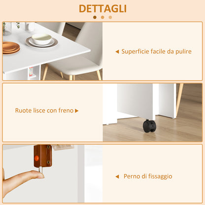 Folding Table with Wheels, Modern Design Dining Table, Space-saving Foldable, Modern Design, with Wheels, Shelves for Storage, 140 × 80 × 74cm, White