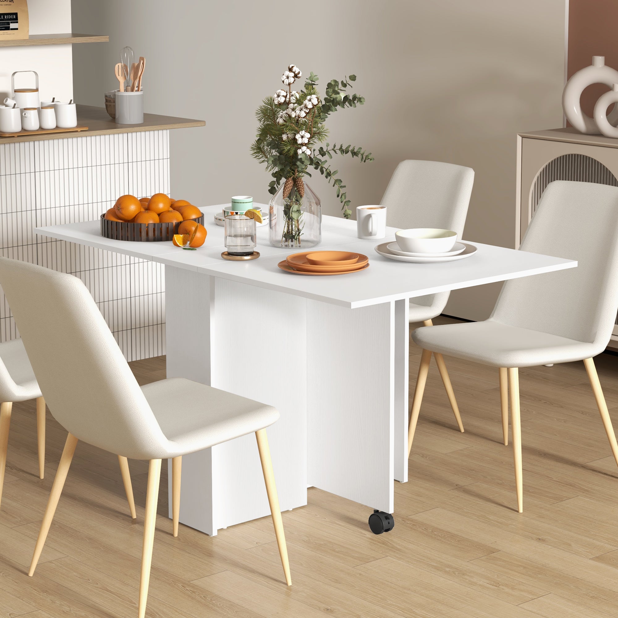 Folding Table with Wheels, Modern Design Dining Table, Space-saving Foldable, Modern Design, with Wheels, Shelves for Storage, 140 × 80 × 74cm, White