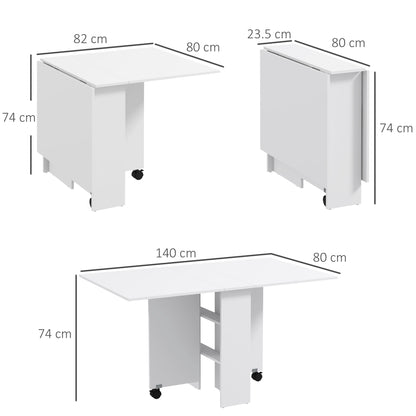 Folding Table with Wheels, Modern Design Dining Table, Space-saving Foldable, Modern Design, with Wheels, Shelves for Storage, 140 × 80 × 74cm, White