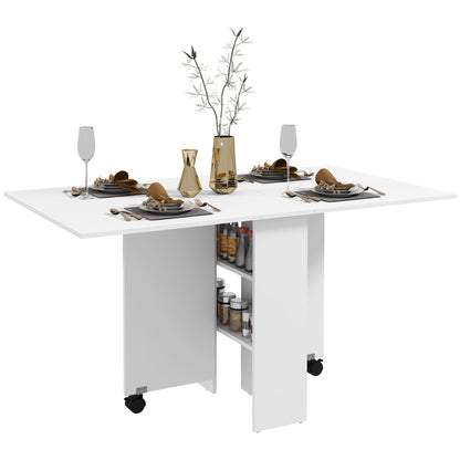 Folding Table with Wheels, Modern Design Dining Table, Space-saving Foldable, Modern Design, with Wheels, Shelves for Storage, 140 × 80 × 74cm, White