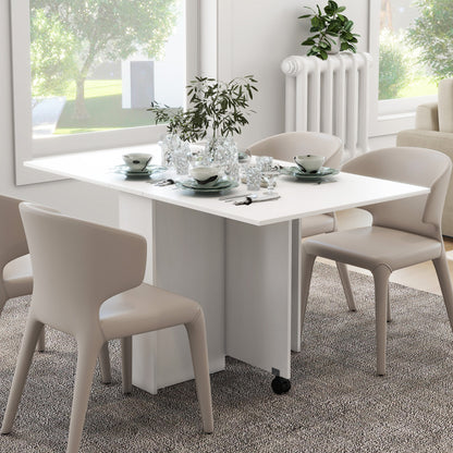 Folding Table with Wheels, Modern Design Dining Table, Space-saving Foldable, Modern Design, with Wheels, Shelves for Storage, 140 × 80 × 74cm, White