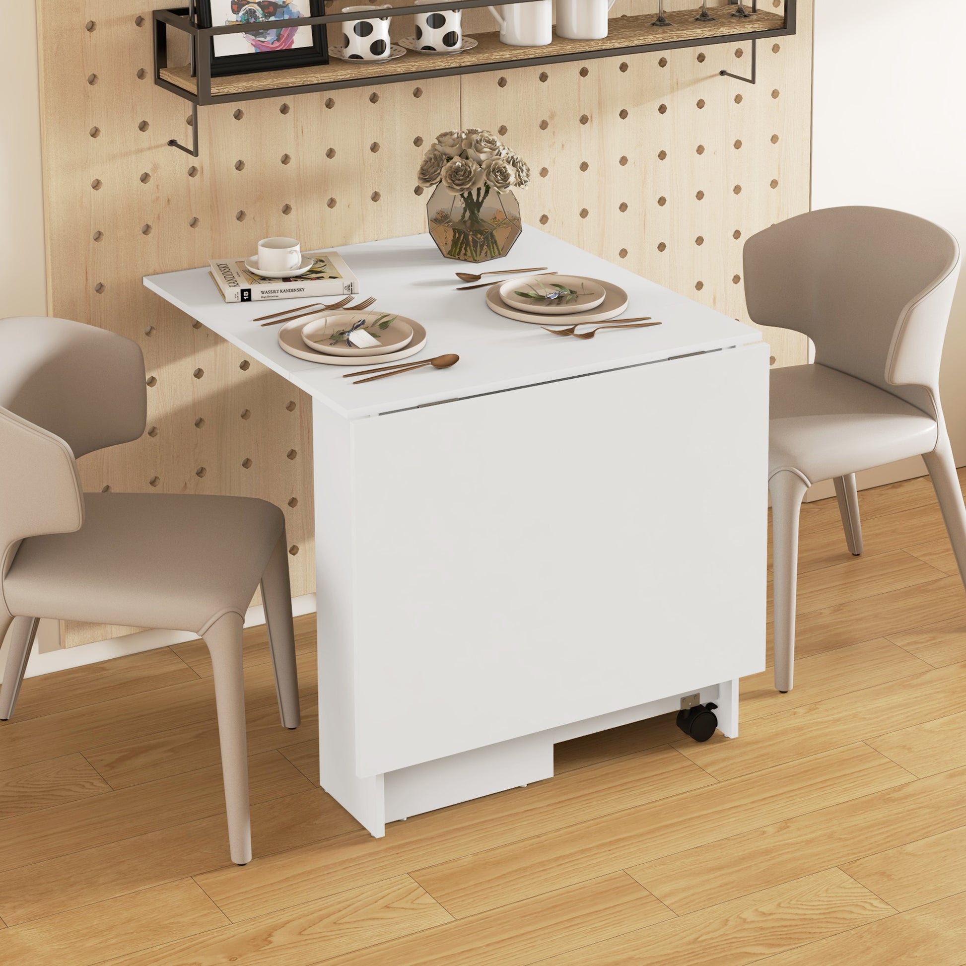 Folding Table with Wheels, Modern Design Dining Table, Space-saving Foldable, Modern Design, with Wheels, Shelves for Storage, 140 × 80 × 74cm, White