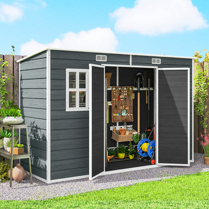 Garden Shed 3.2 m² (34.5 ft²), 303×123×197 cm (9'11" x 4'0" x 6'6") — Plastic Storage Shed with Windows, Double Doors, Lockable Vent, Wood-Look Floor (Gray)