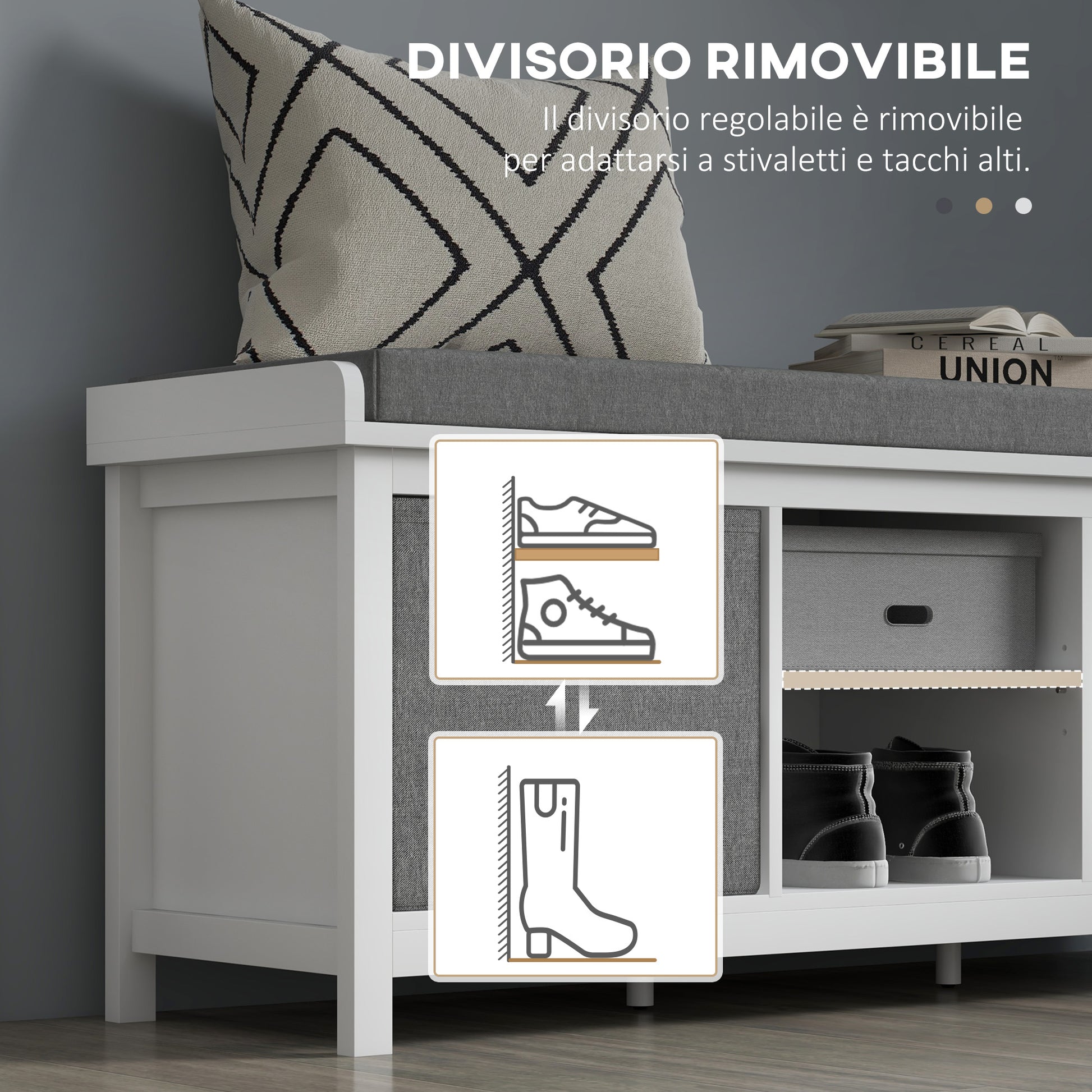 Shoe Bench with Adjustable 3-Level Shelf, 2 Removable Drawers and Cushion, Chipboard Shoe Cabinet, 105x35x47 cm, White and Gray