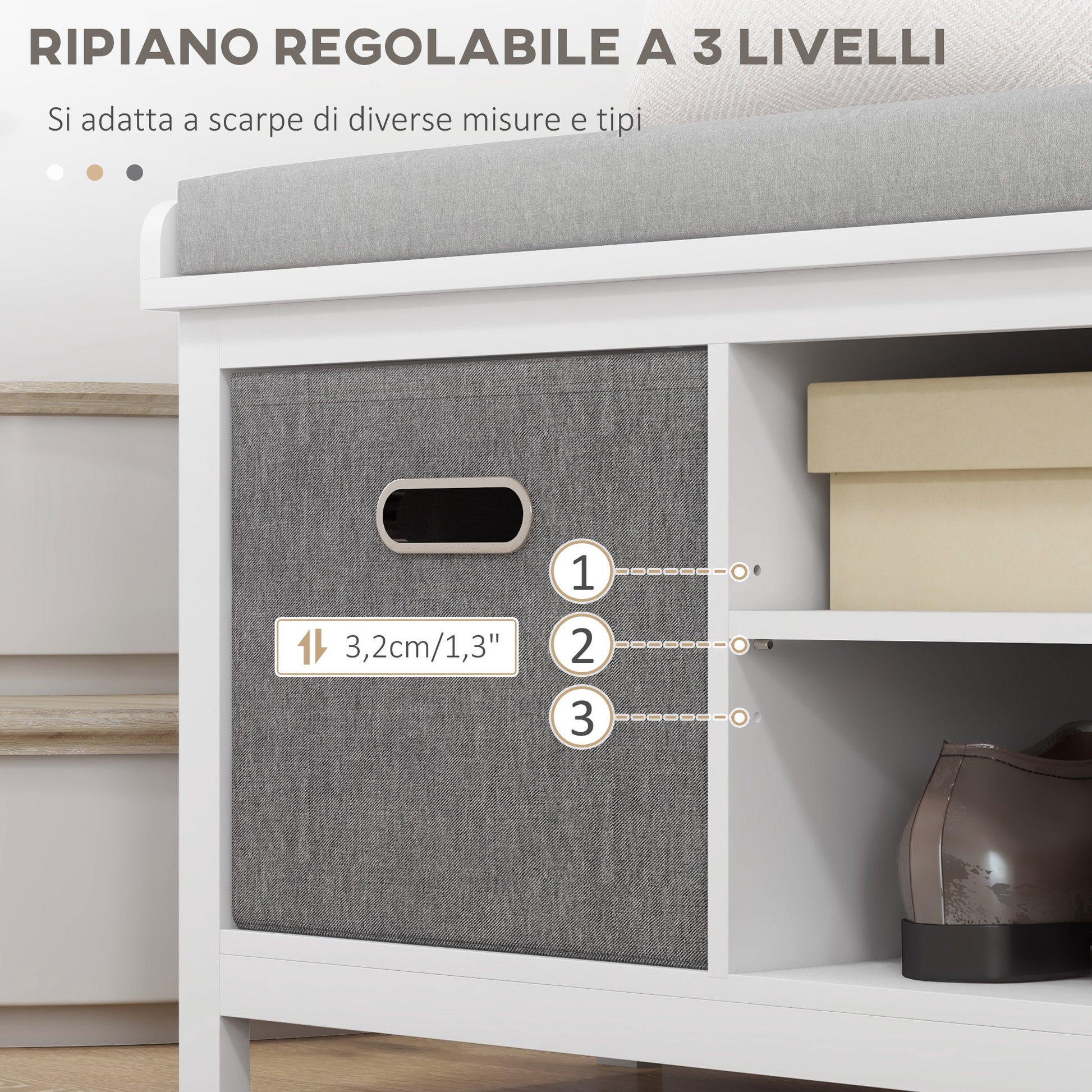 Shoe Bench with Adjustable 3-Level Shelf, 2 Removable Drawers and Cushion, Chipboard Shoe Cabinet, 105x35x47 cm, White and Gray