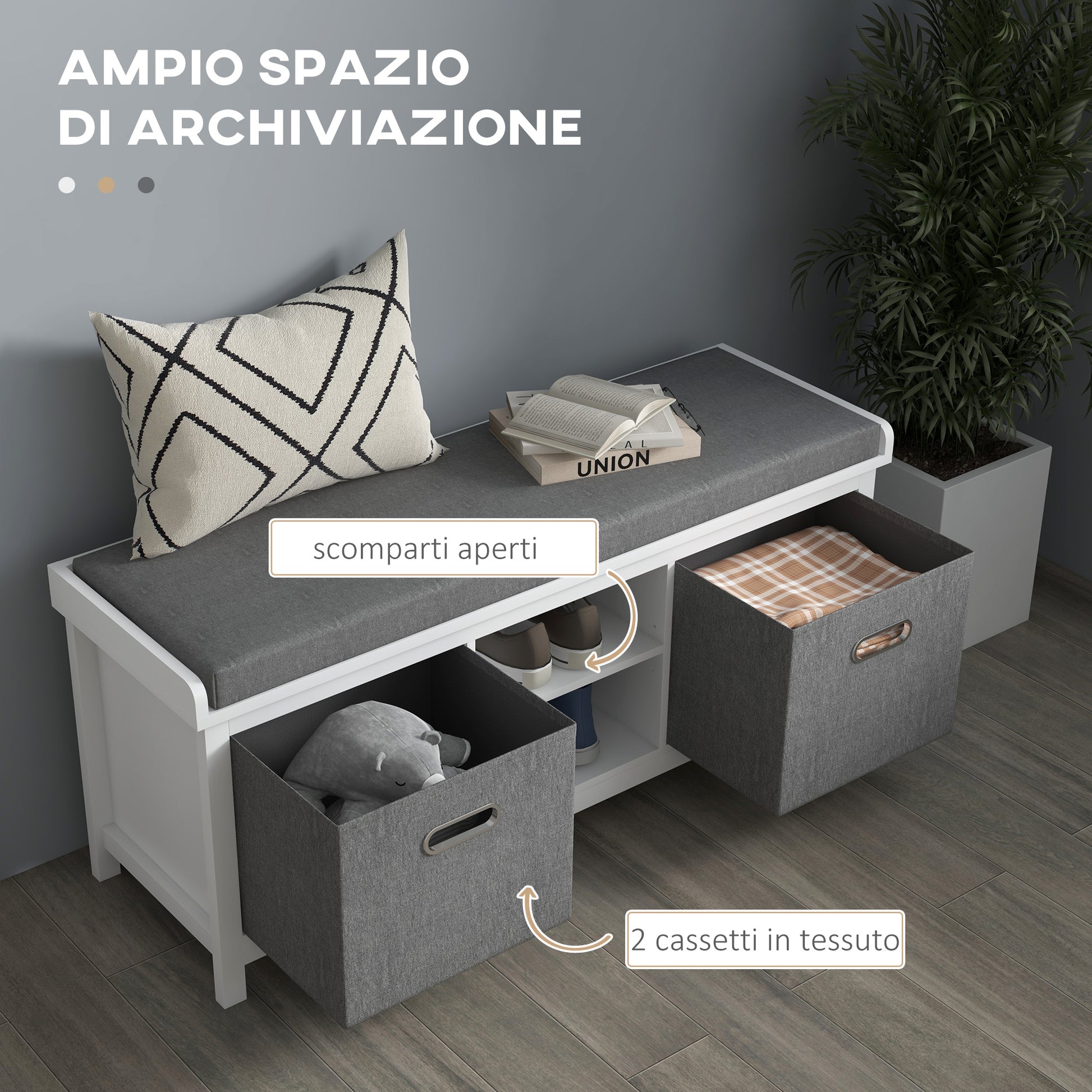 Shoe Bench with Adjustable 3-Level Shelf, 2 Removable Drawers and Cushion, Chipboard Shoe Cabinet, 105x35x47 cm, White and Gray