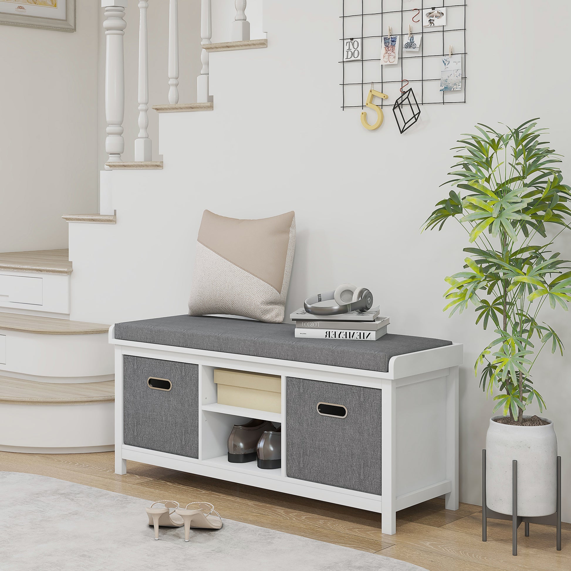 Shoe Bench with Adjustable 3-Level Shelf, 2 Removable Drawers and Cushion, Chipboard Shoe Cabinet, 105x35x47 cm, White and Gray