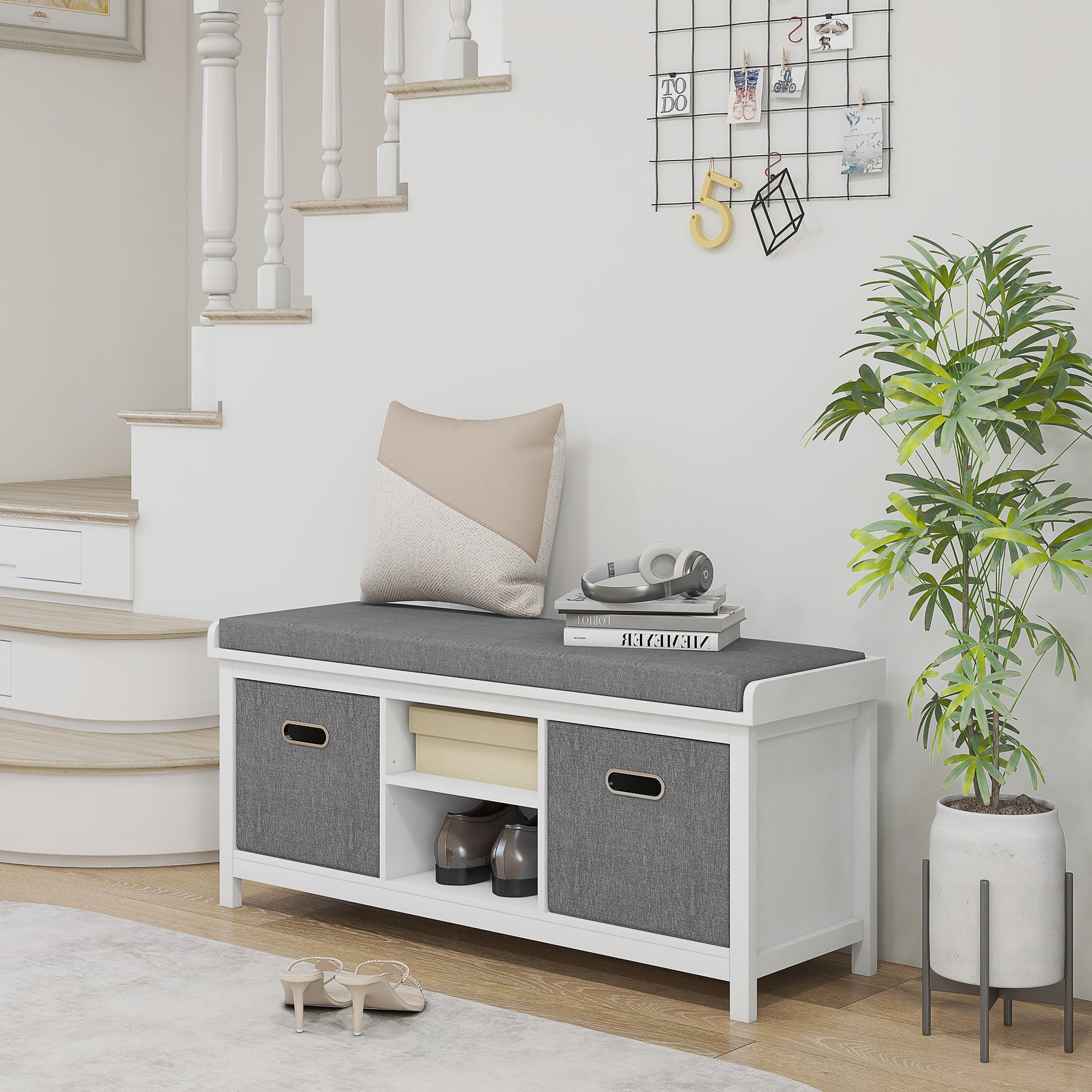 Shoe Bench with Adjustable 3-Level Shelf, 2 Removable Drawers and Cushion, Chipboard Shoe Cabinet, 105x35x47 cm, White and Gray
