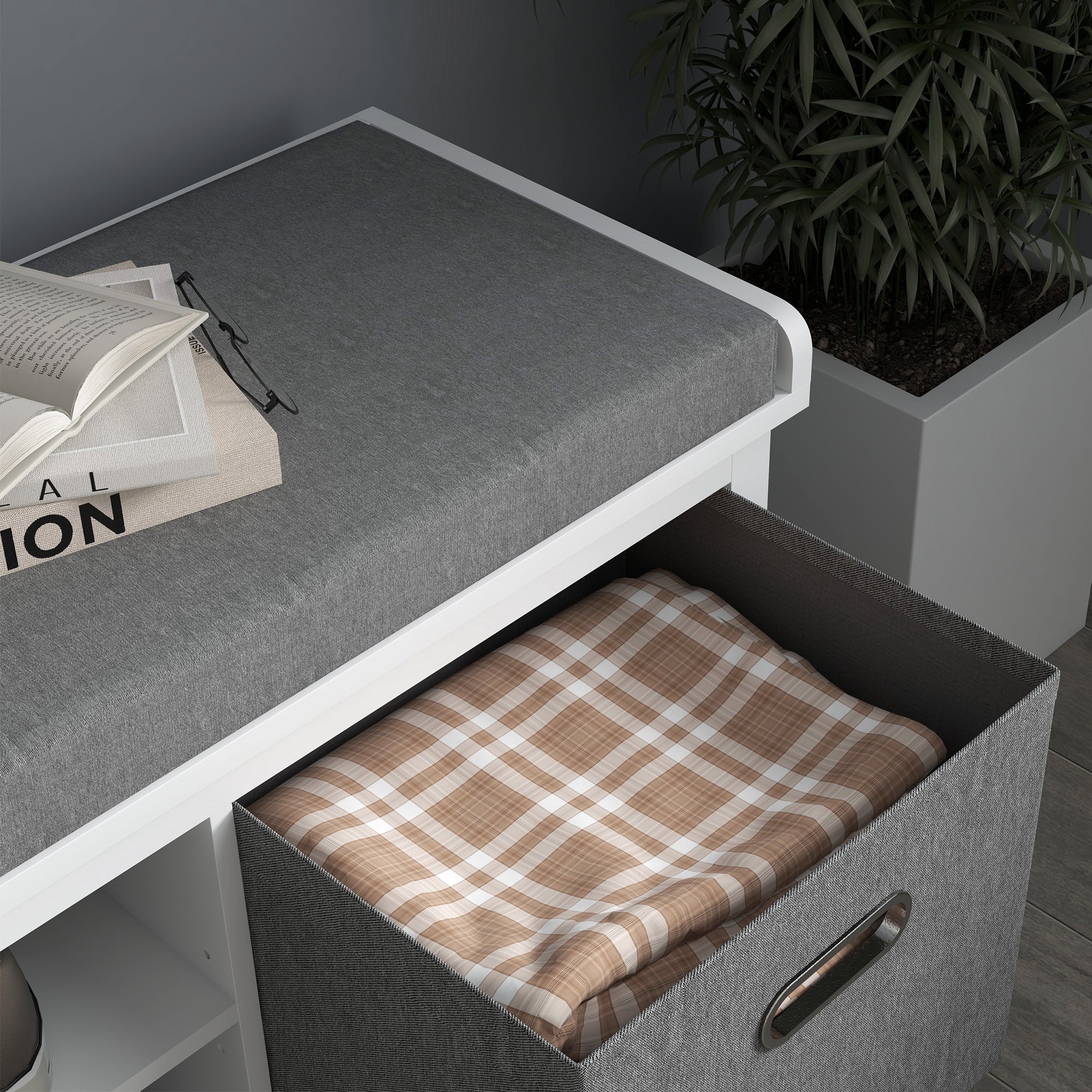 Shoe Bench with Adjustable 3-Level Shelf, 2 Removable Drawers and Cushion, Chipboard Shoe Cabinet, 105x35x47 cm, White and Gray