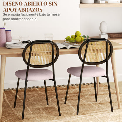 Pack of 2 Dining Chairs Kitchen Chairs with Synthetic Rattan Backrest and Steel Frame for Living Room 44x54x87 cm Pink and Black