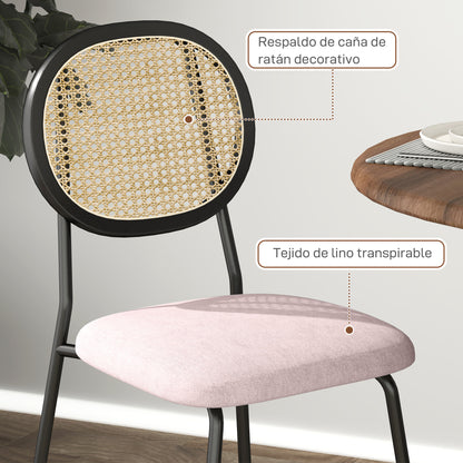 Pack of 2 Dining Chairs Kitchen Chairs with Synthetic Rattan Backrest and Steel Frame for Living Room 44x54x87 cm Pink and Black