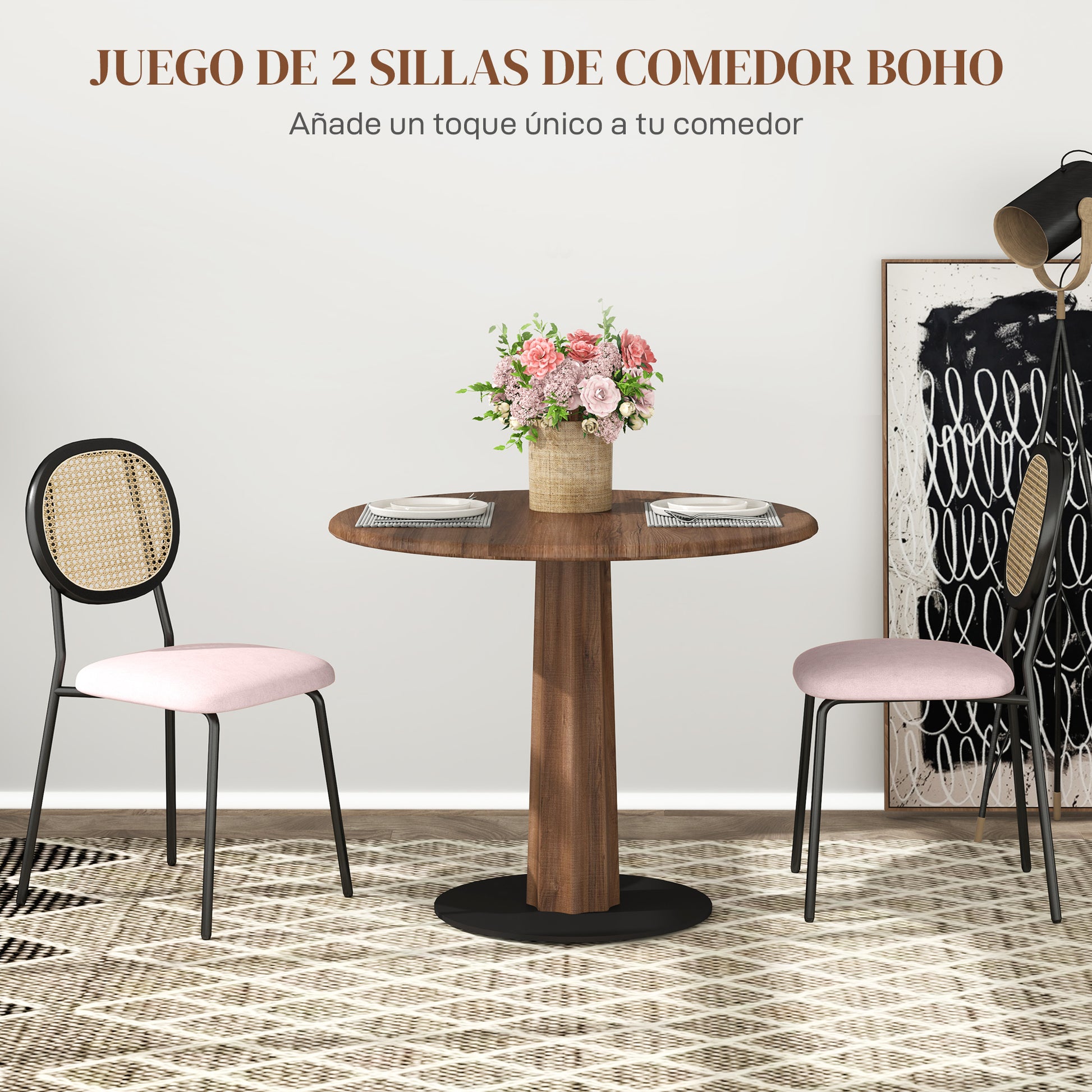 Pack of 2 Dining Chairs Kitchen Chairs with Synthetic Rattan Backrest and Steel Frame for Living Room 44x54x87 cm Pink and Black