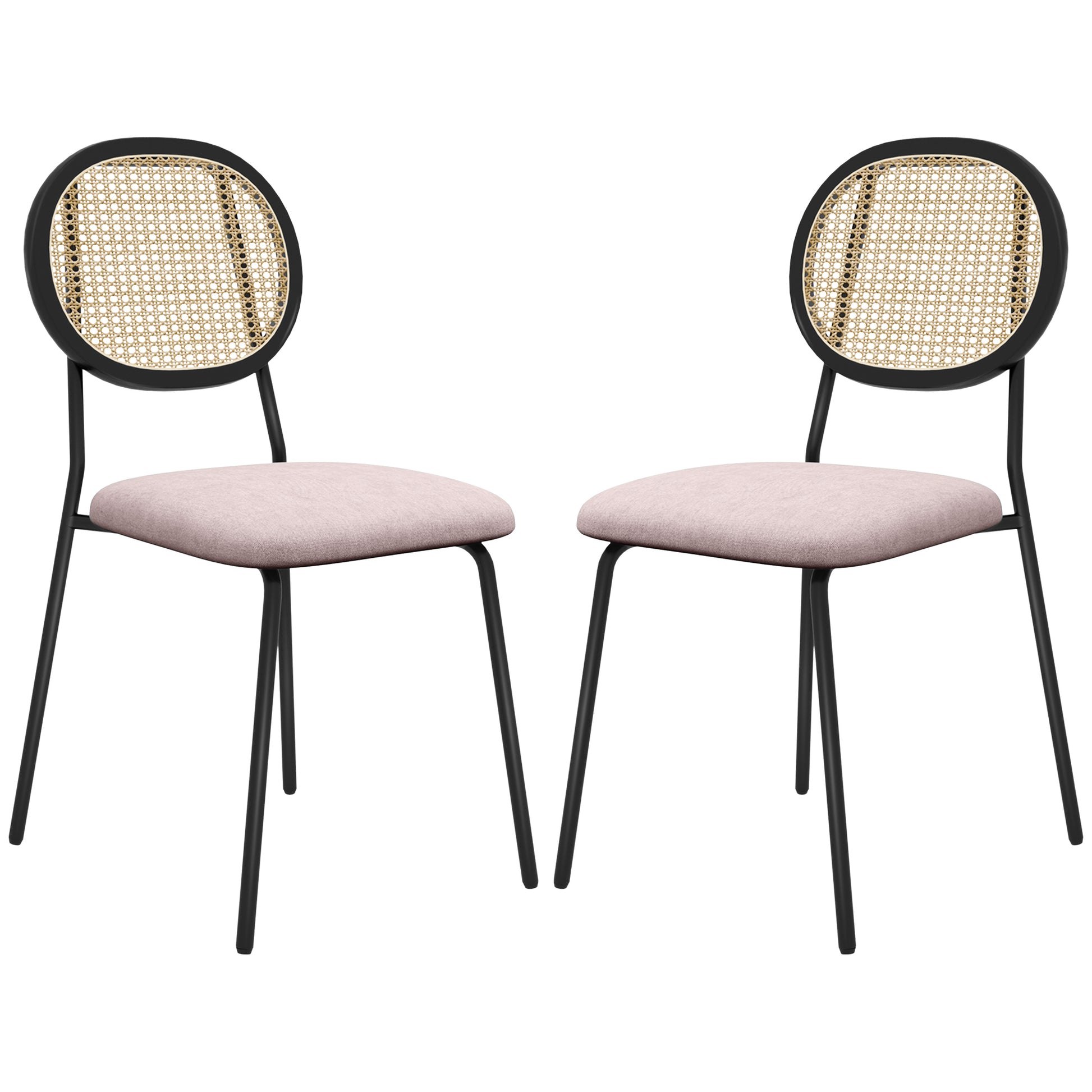 Pack of 2 Dining Chairs Kitchen Chairs with Synthetic Rattan Backrest and Steel Frame for Living Room 44x54x87 cm Pink and Black