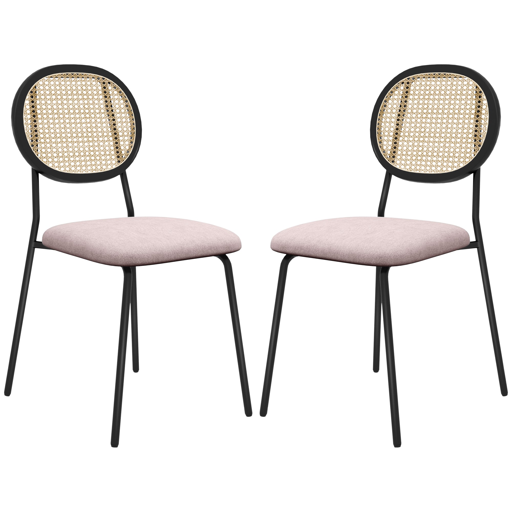 Pack of 2 Dining Chairs Kitchen Chairs with Synthetic Rattan Backrest and Steel Frame for Living Room 44x54x87 cm Pink and Black
