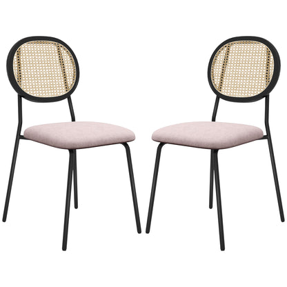 Pack of 2 Dining Chairs Kitchen Chairs with Synthetic Rattan Backrest and Steel Frame for Living Room 44x54x87 cm Pink and Black