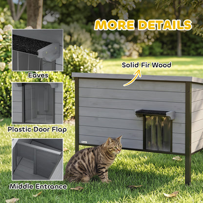 Weatherproof Wooden Cat House with Hinged Roof & Removable Floor, 33.5 x 21.7 x 27.6 in – Indoor/Outdoor Cat Den for 1–2 Cats (up to 26.5 lb each), Light Gray