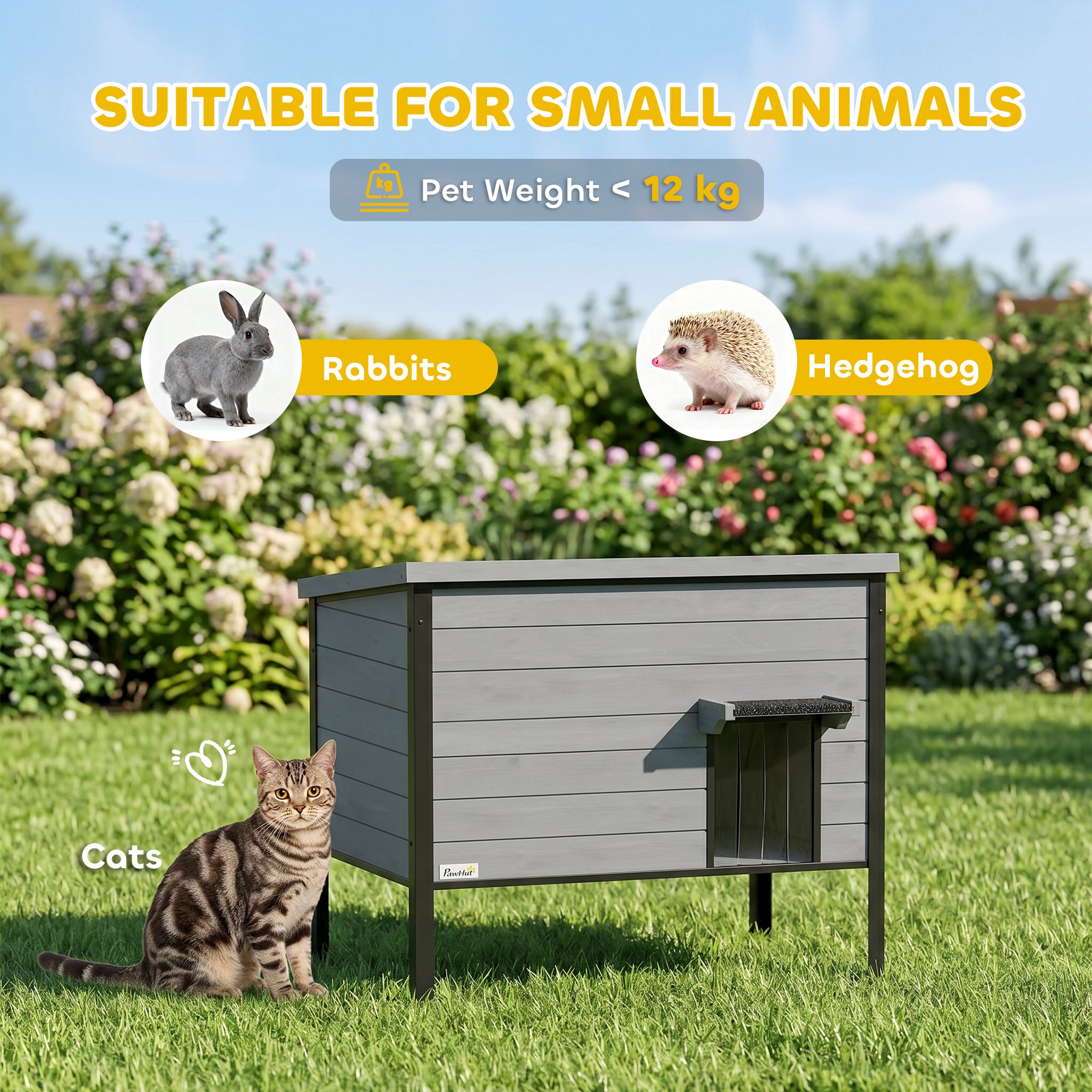 Weatherproof Wooden Cat House with Hinged Roof & Removable Floor, 33.5 x 21.7 x 27.6 in – Indoor/Outdoor Cat Den for 1–2 Cats (up to 26.5 lb each), Light Gray