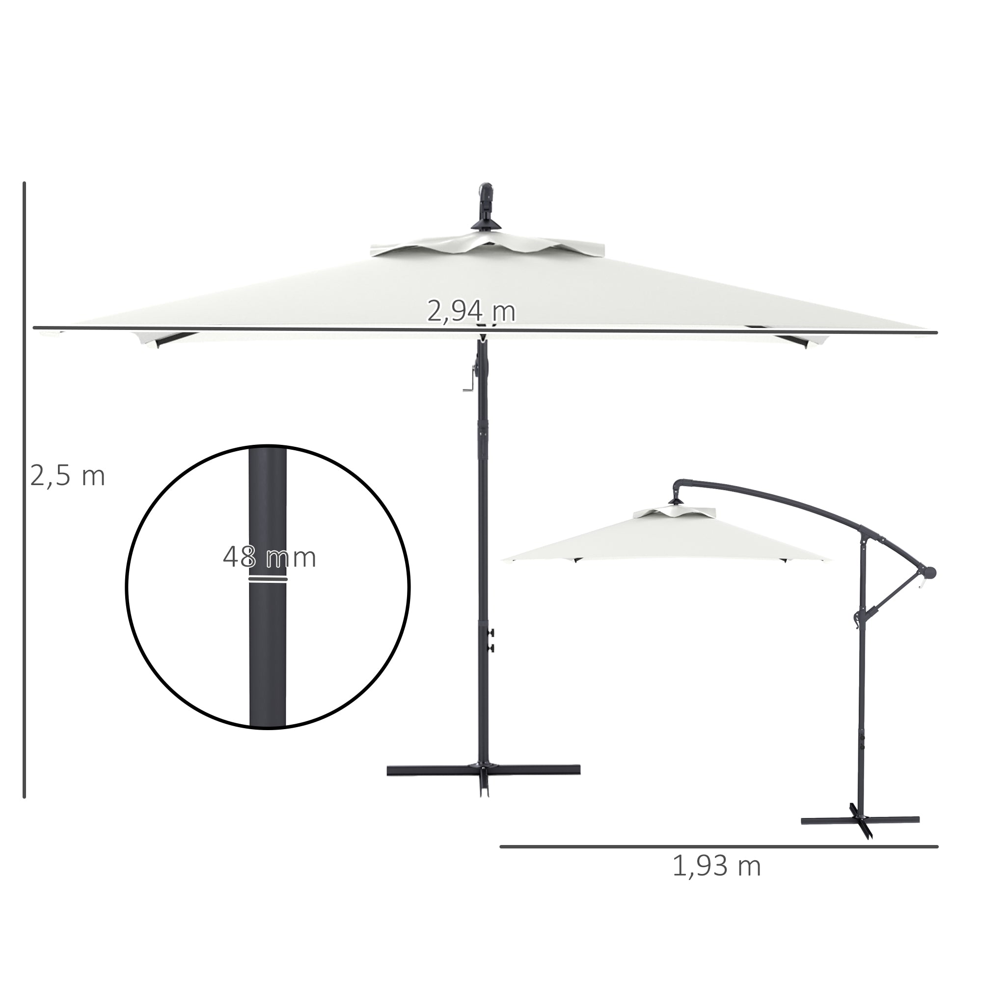 Offset Umbrella 3 x 2 m Rectangular Outdoor Parasol with Crank and 6 Steel Ribs UV Protection Cream