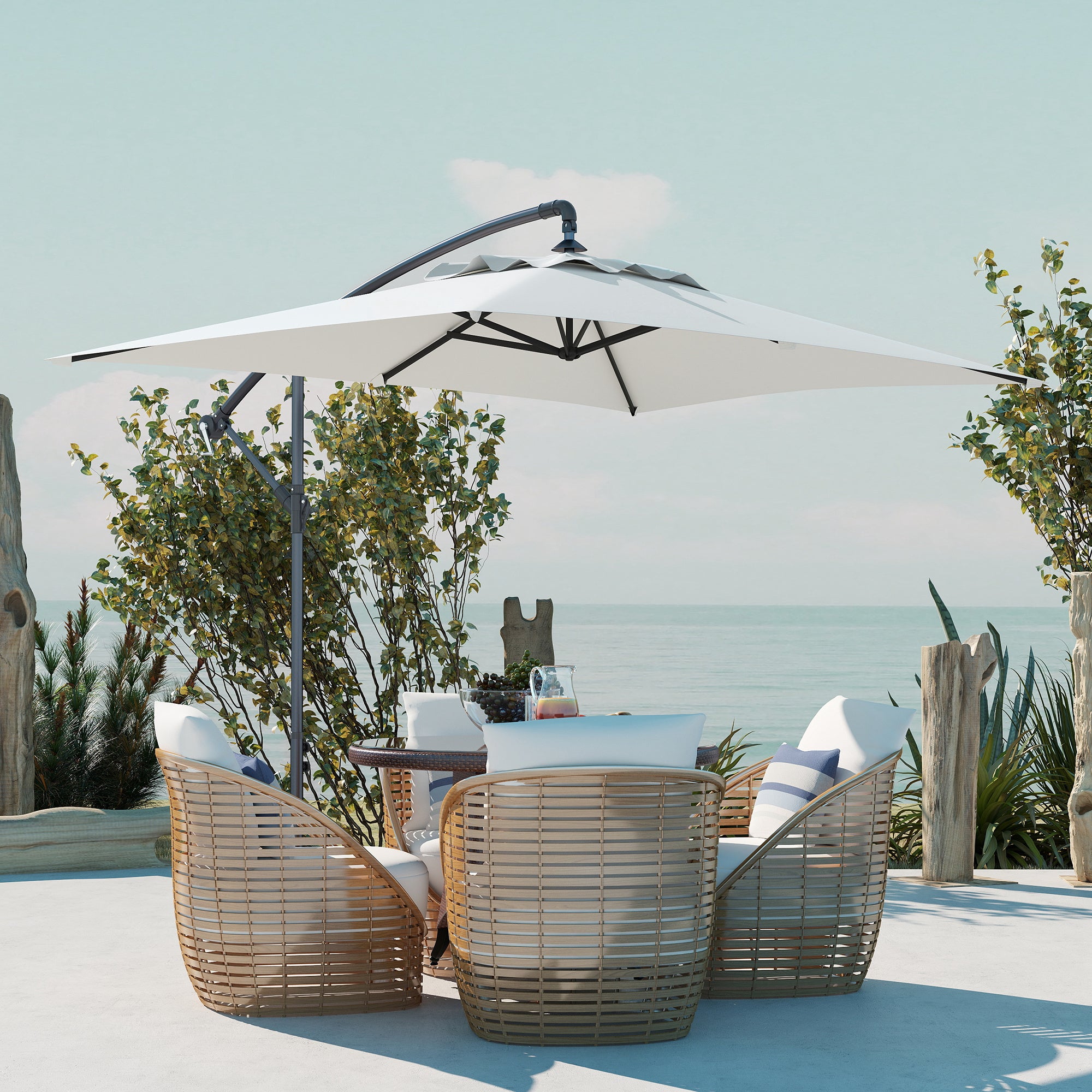 Offset Umbrella 3 x 2 m Rectangular Outdoor Parasol with Crank and 6 Steel Ribs UV Protection Cream