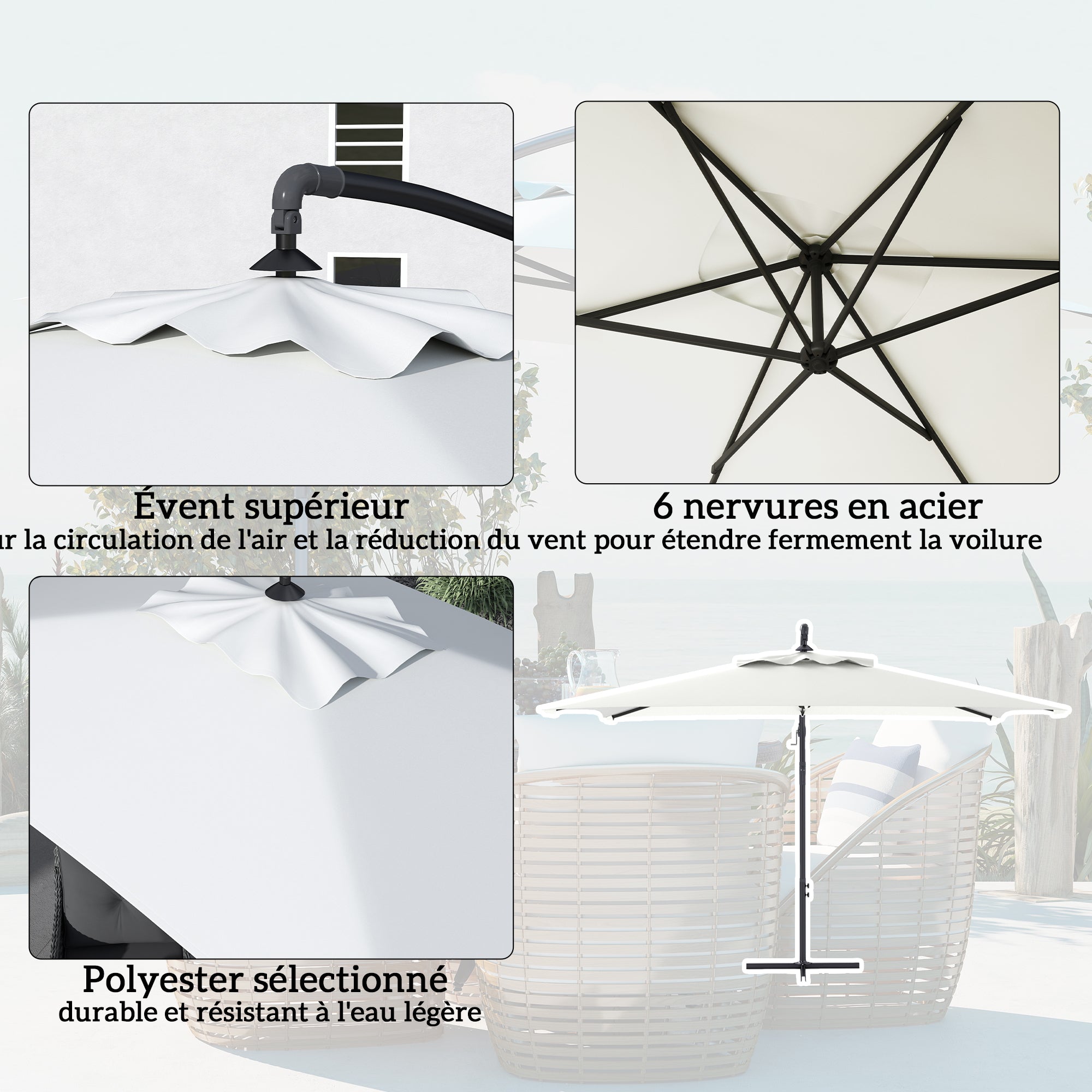 Offset Umbrella 3 x 2 m Rectangular Outdoor Parasol with Crank and 6 Steel Ribs UV Protection Cream