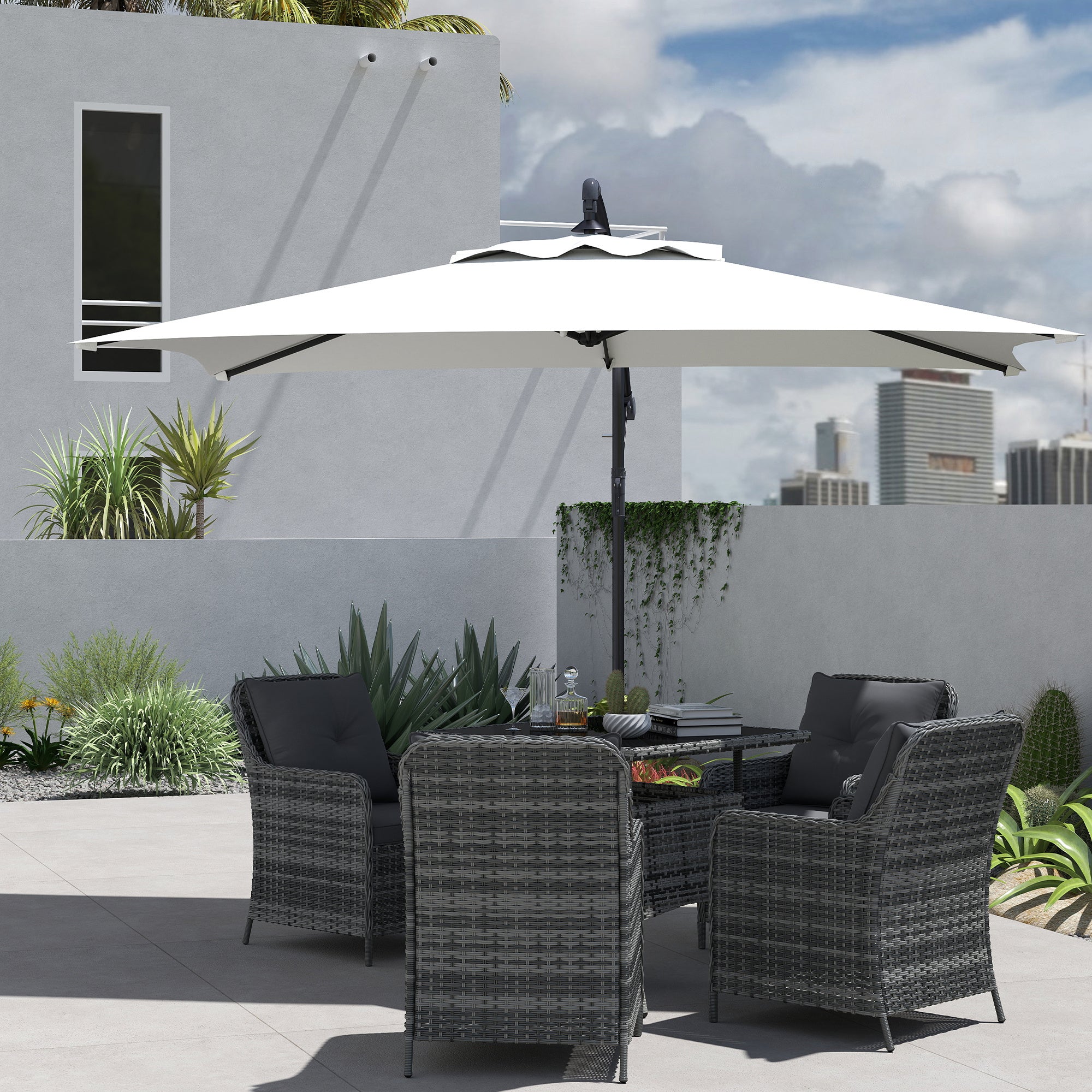 Offset Umbrella 3 x 2 m Rectangular Outdoor Parasol with Crank and 6 Steel Ribs UV Protection Cream