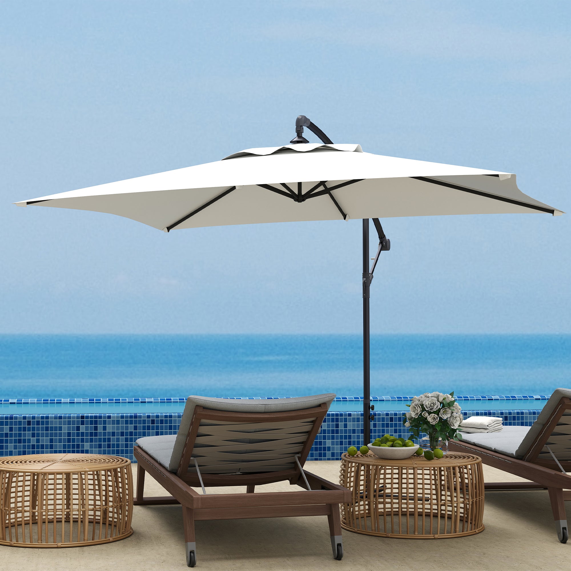 Offset Umbrella 3 x 2 m Rectangular Outdoor Parasol with Crank and 6 Steel Ribs UV Protection Cream