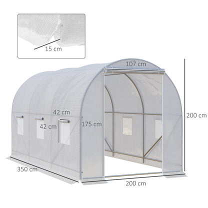 Outdoor Greenhouse 3.5x2x2 m Tunnel Greenhouse with 6 Roll-Up Mesh Windows and Zippered Door UV-Resistant Greenhouse for Patio Garden White
