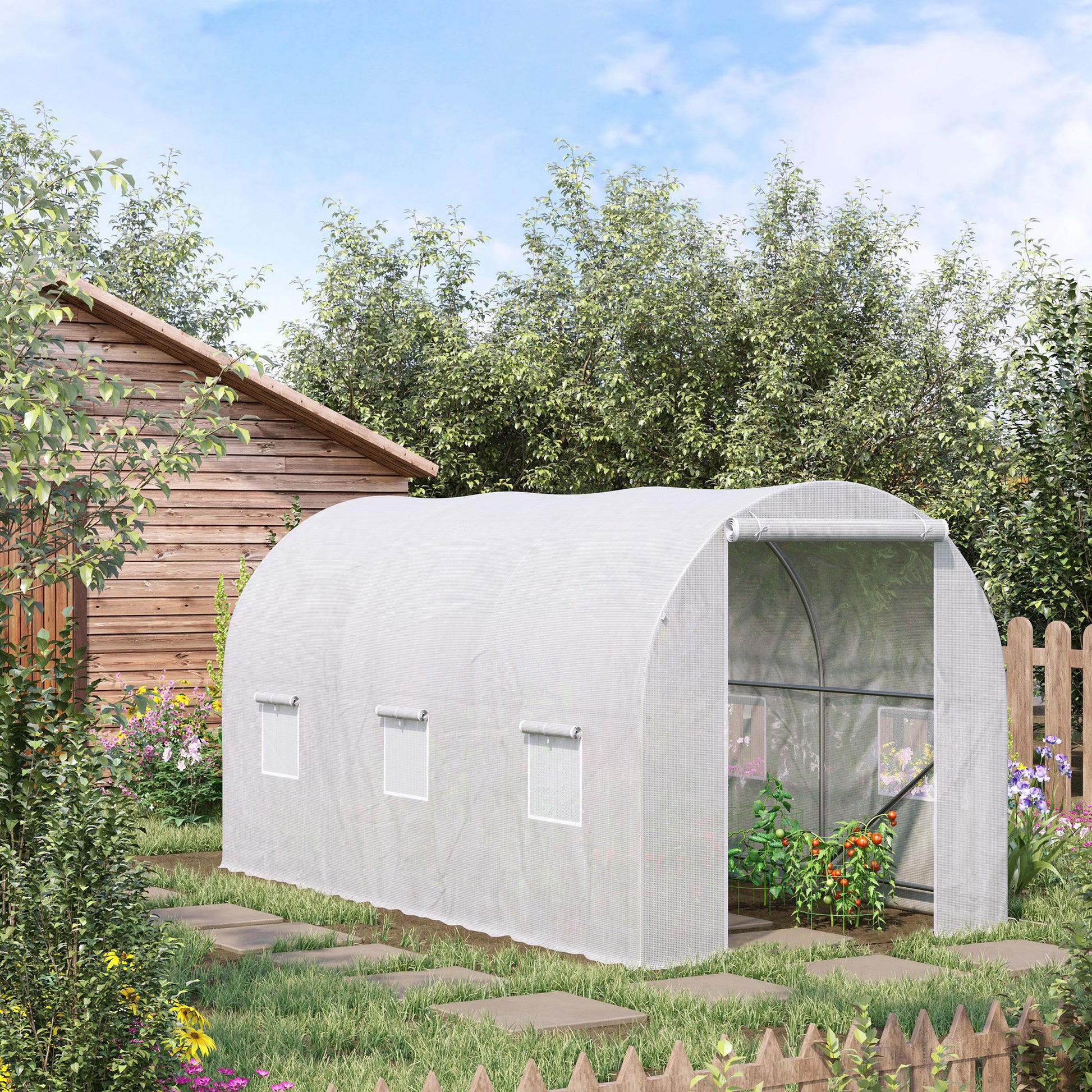 Outdoor Greenhouse 3.5x2x2 m Tunnel Greenhouse with 6 Roll-Up Mesh Windows and Zippered Door UV-Resistant Greenhouse for Patio Garden White