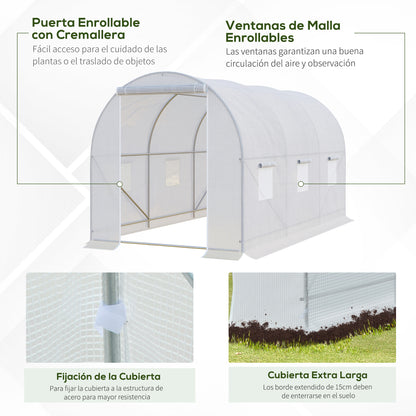 Outdoor Greenhouse 3.5x2x2 m Tunnel Greenhouse with 6 Roll-Up Mesh Windows and Zippered Door UV-Resistant Greenhouse for Patio Garden White