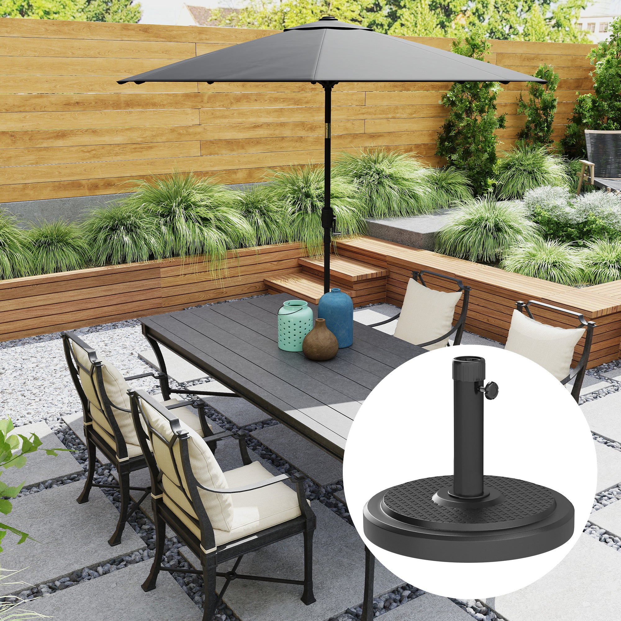 Parasol Stand, Outdoor Umbrella Base, for Ø 38 and 48 mm pole, net weight 22 Kg, metal parasol base for garden patio terrace, black