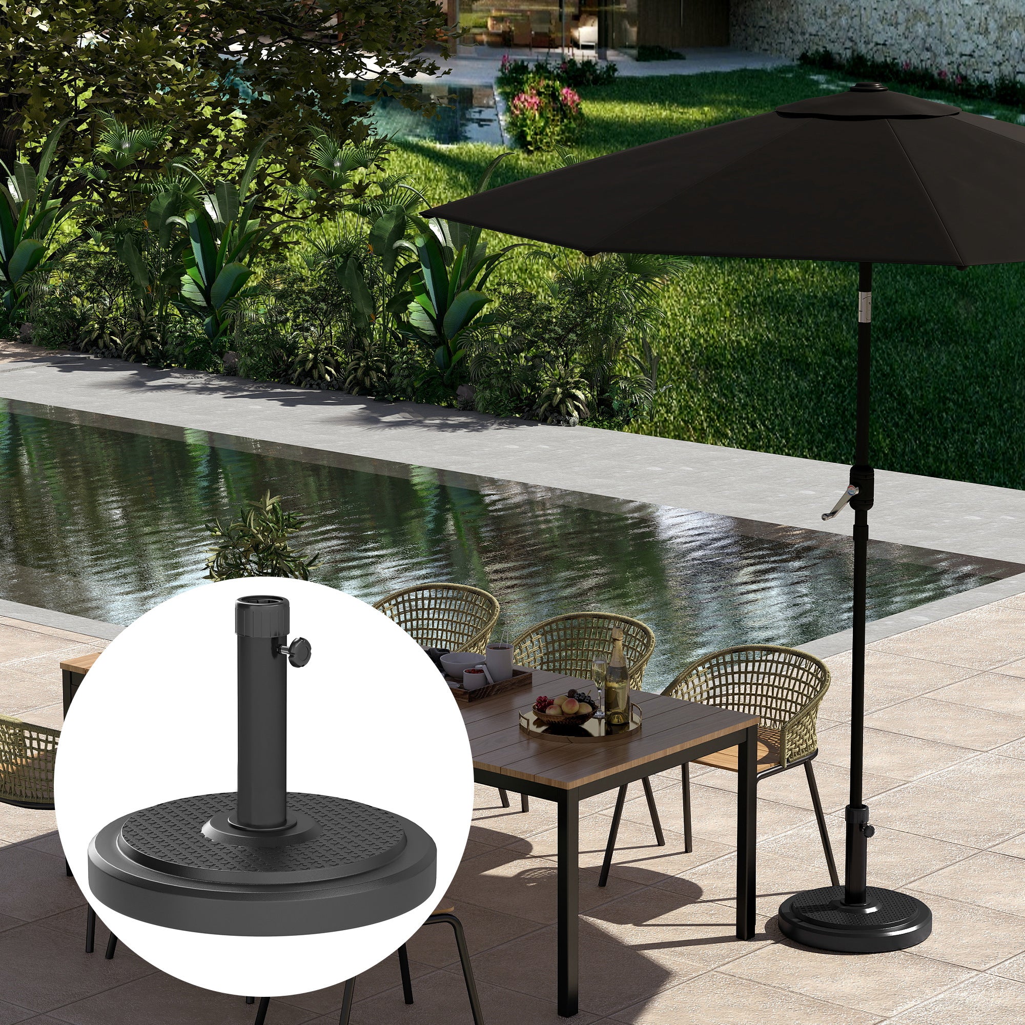 Parasol Stand, Outdoor Umbrella Base, for Ø 38 and 48 mm pole, net weight 22 Kg, metal parasol base for garden patio terrace, black