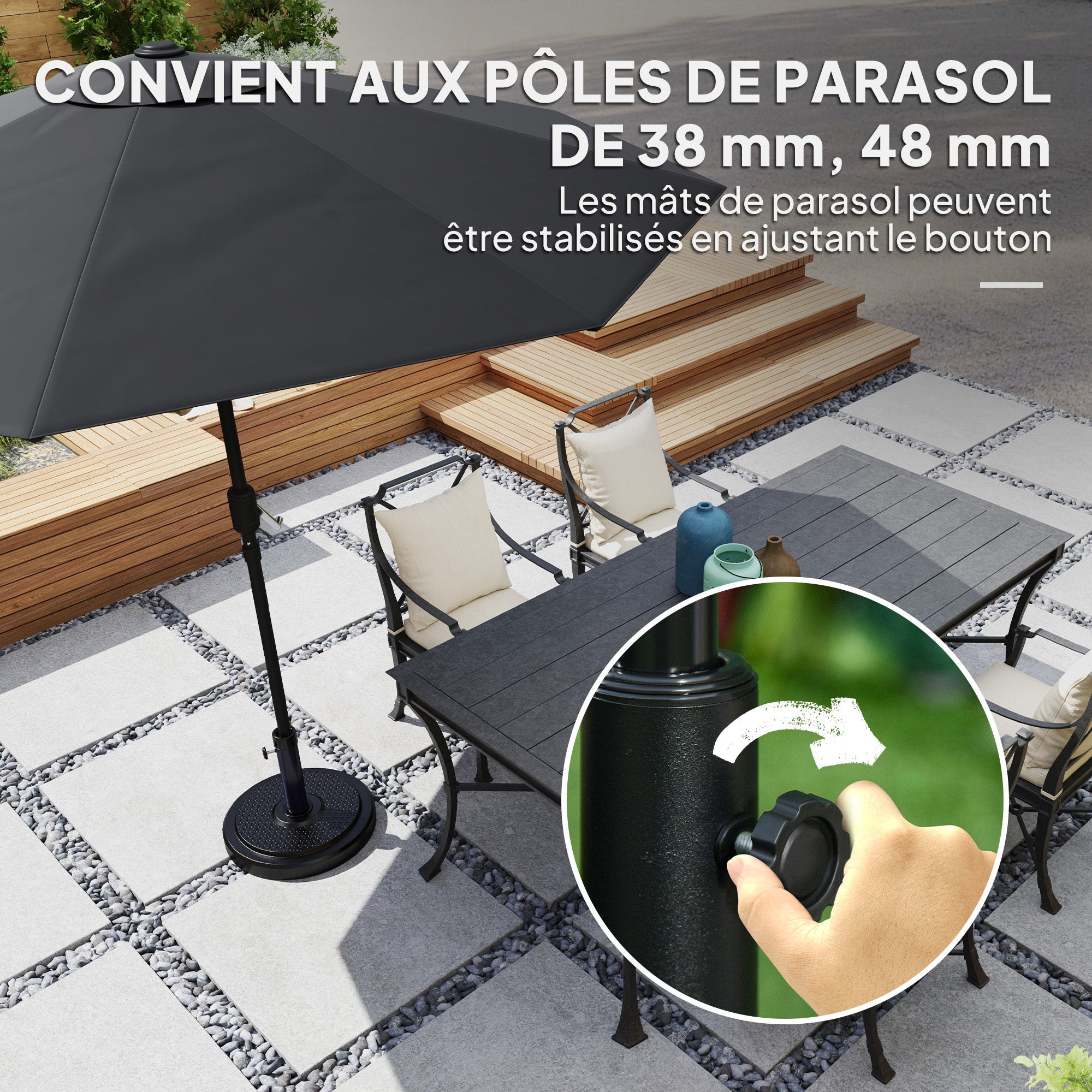 Parasol Stand, Outdoor Umbrella Base, for Ø 38 and 48 mm pole, net weight 22 Kg, metal parasol base for garden patio terrace, black