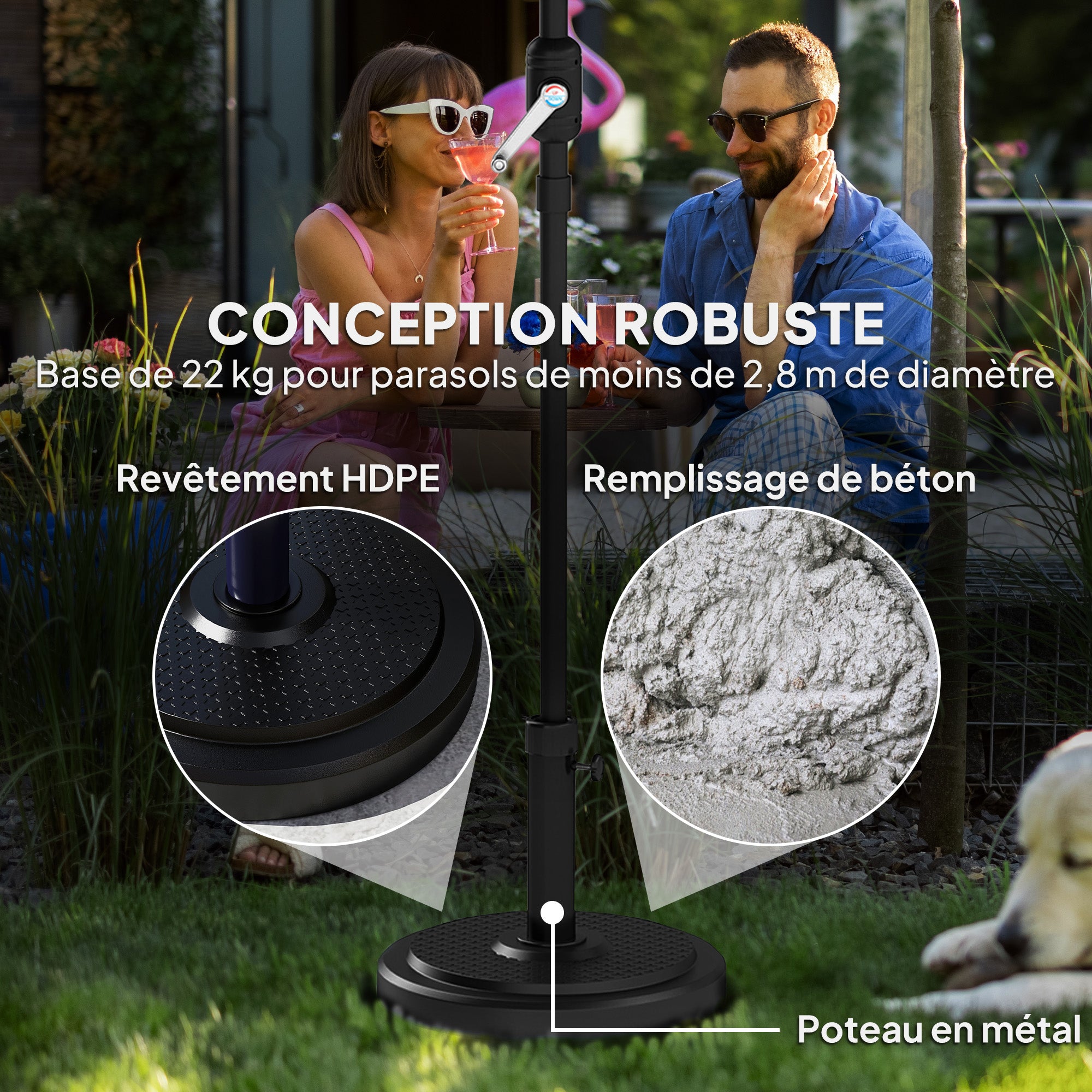 Parasol Stand, Outdoor Umbrella Base, for Ø 38 and 48 mm pole, net weight 22 Kg, metal parasol base for garden patio terrace, black
