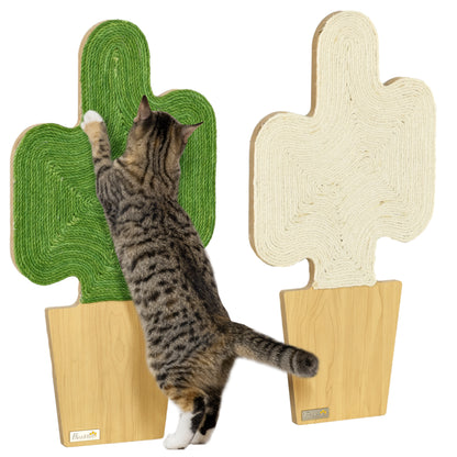 Cat Scratching Mat, Set of 2 Cat Scratching Boards with Jute Rope, Cat Scratching Board with Hooks, Scratching Wall for Cats in Cactus Design, 30 x 60 cm
