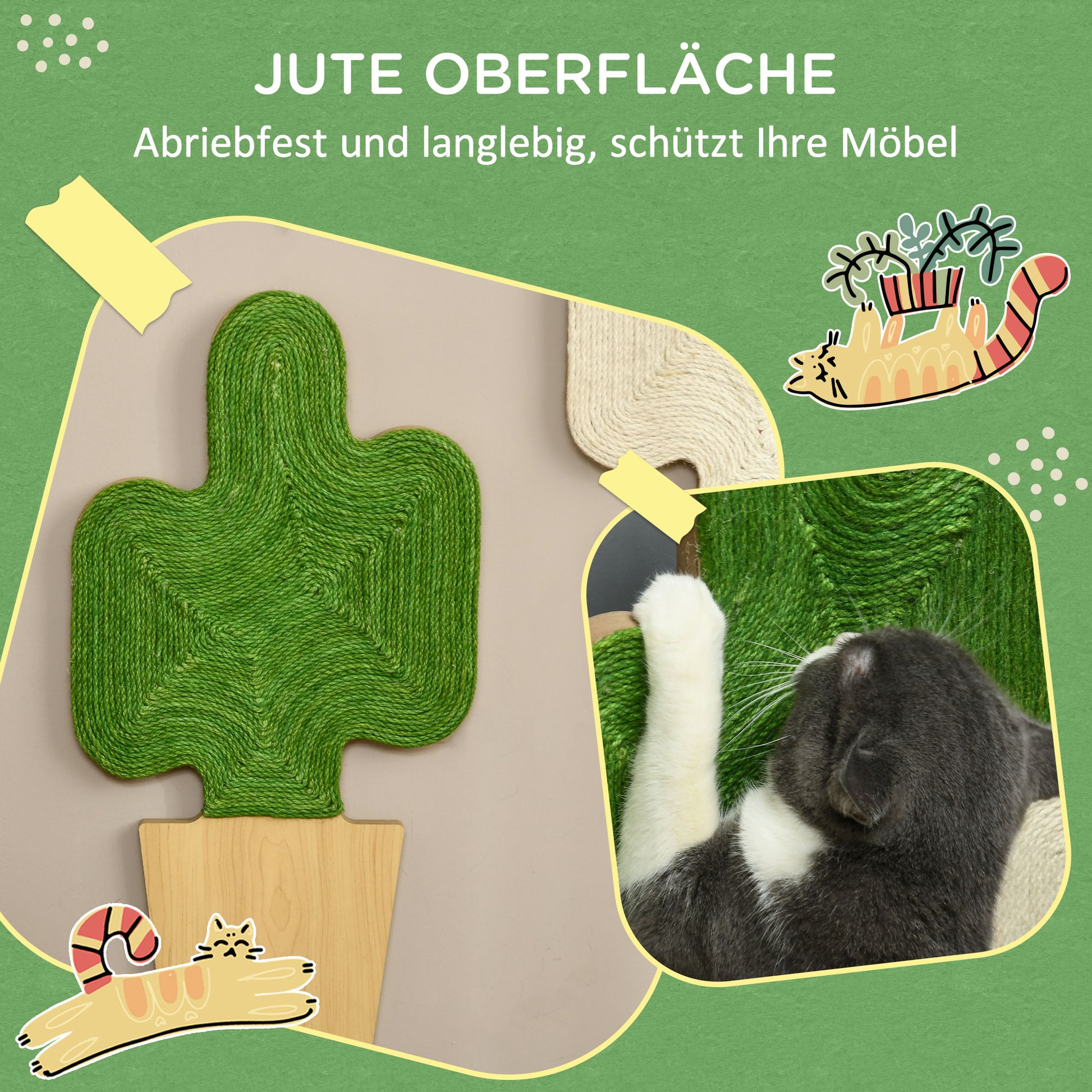 Cat Scratching Mat, Set of 2 Cat Scratching Boards with Jute Rope, Cat Scratching Board with Hooks, Scratching Wall for Cats in Cactus Design, 30 x 60 cm