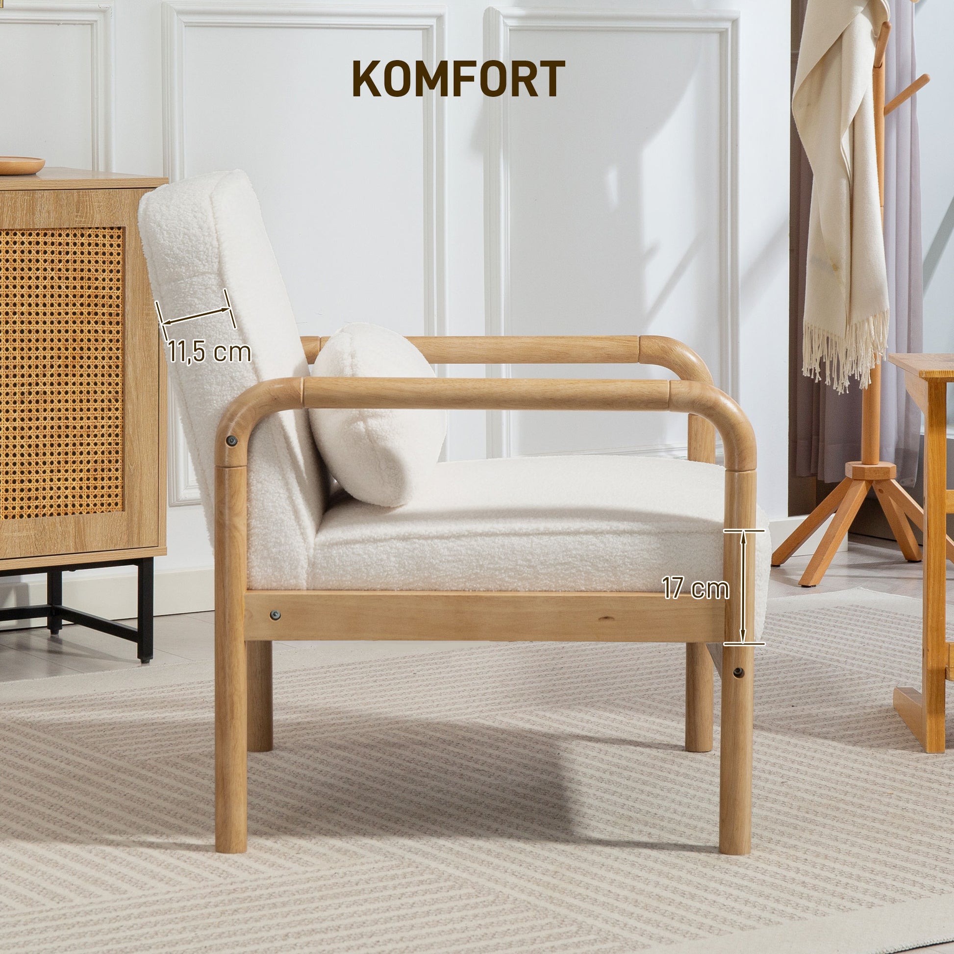 Armchair Living Room Lounge Chair with Armrests, Wooden Legs, Large and Thick Seat, Reading Chair with Throw Pillow, Bouclé Look, Upholstered Chair for Bedroom White