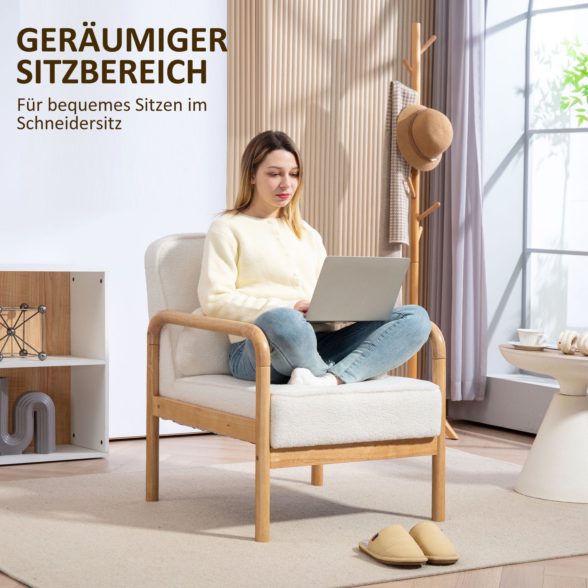 Armchair Living Room Lounge Chair with Armrests, Wooden Legs, Large and Thick Seat, Reading Chair with Throw Pillow, Bouclé Look, Upholstered Chair for Bedroom White