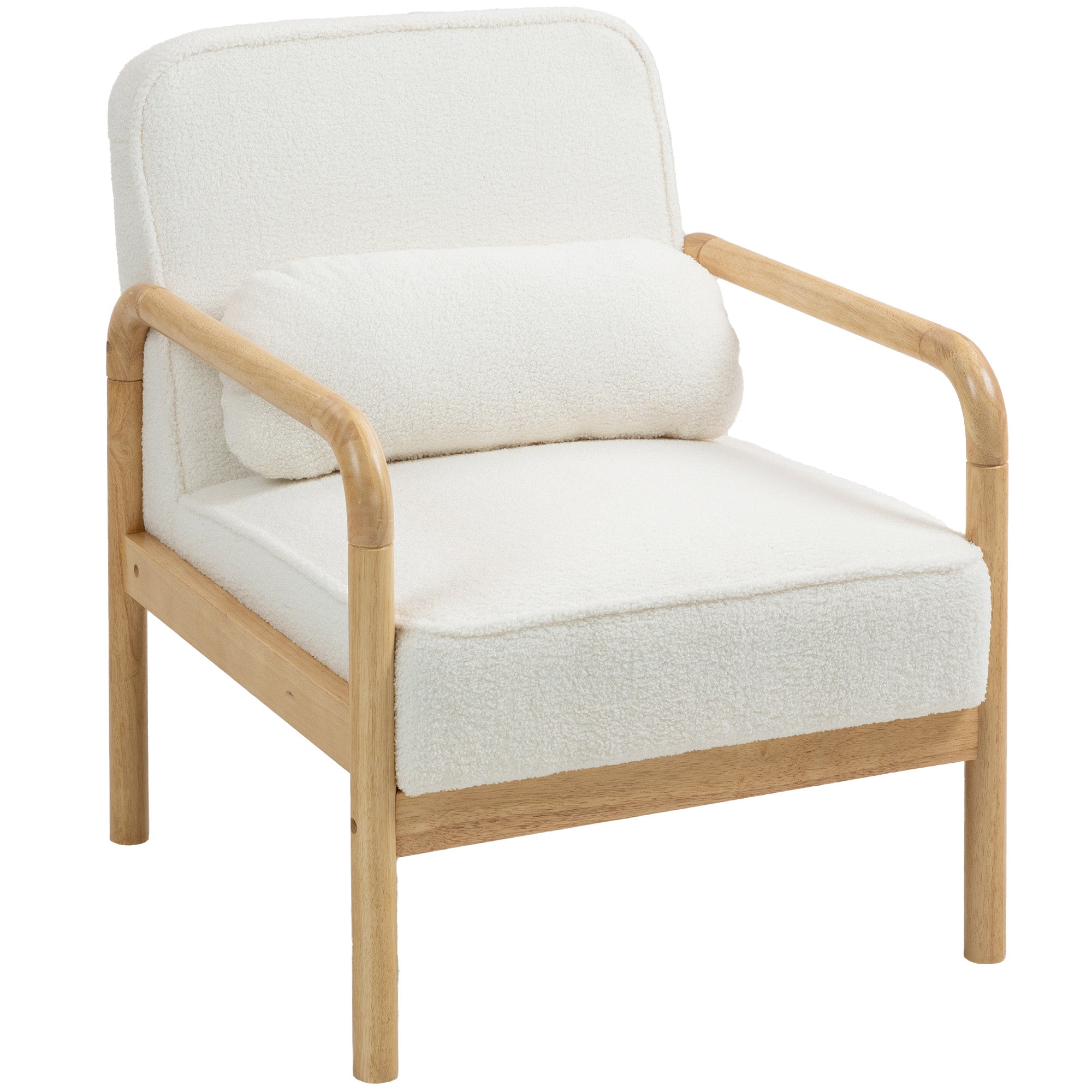 Armchair Living Room Lounge Chair with Armrests, Wooden Legs, Large and Thick Seat, Reading Chair with Throw Pillow, Bouclé Look, Upholstered Chair for Bedroom White