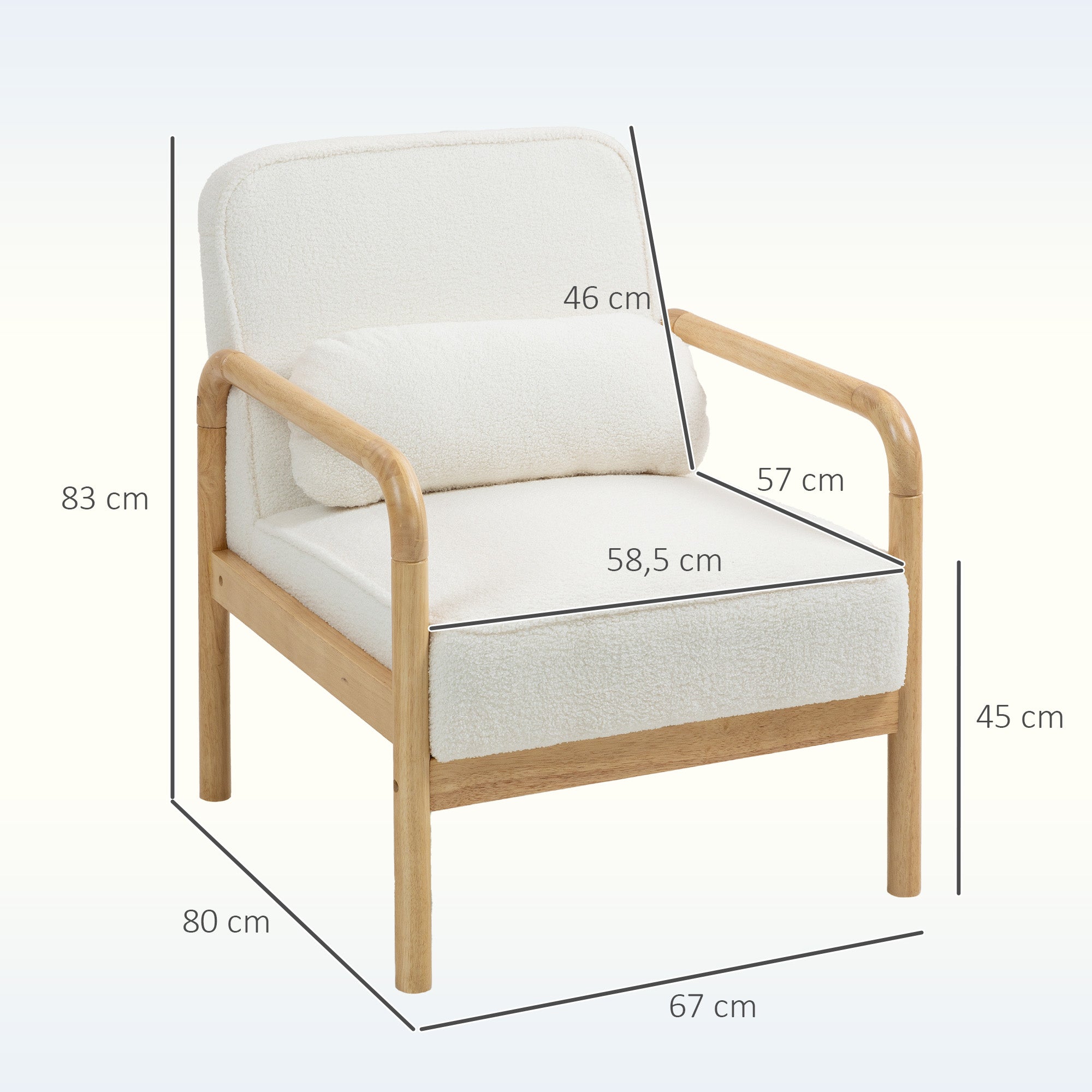 Armchair Living Room Lounge Chair with Armrests, Wooden Legs, Large and Thick Seat, Reading Chair with Throw Pillow, Bouclé Look, Upholstered Chair for Bedroom White