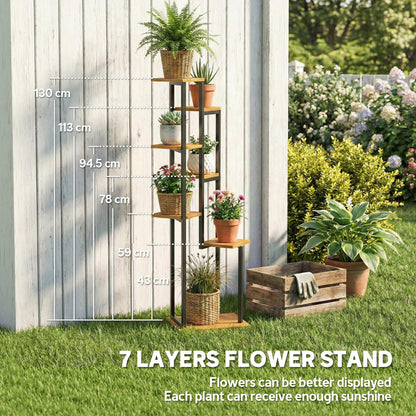 7-Tier Plant Stand, 51.2 in Tall Staggered Wooden & Steel Flower Shelf – Light Brown