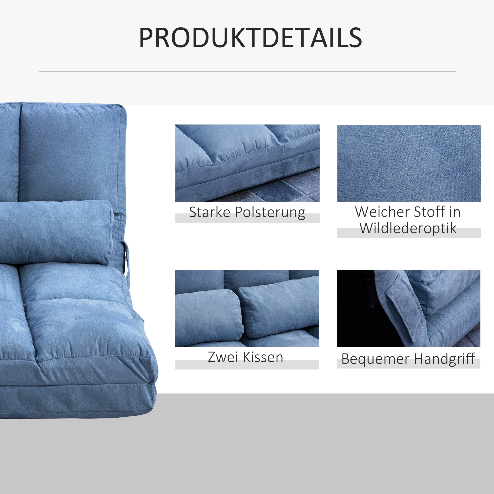 Floor Chair 2-in-1 Floor Seat Bed with Backrest 3 Positions Adjustable Seat Cushion Blue Velvet Metal 102 x 73 x 60 cm