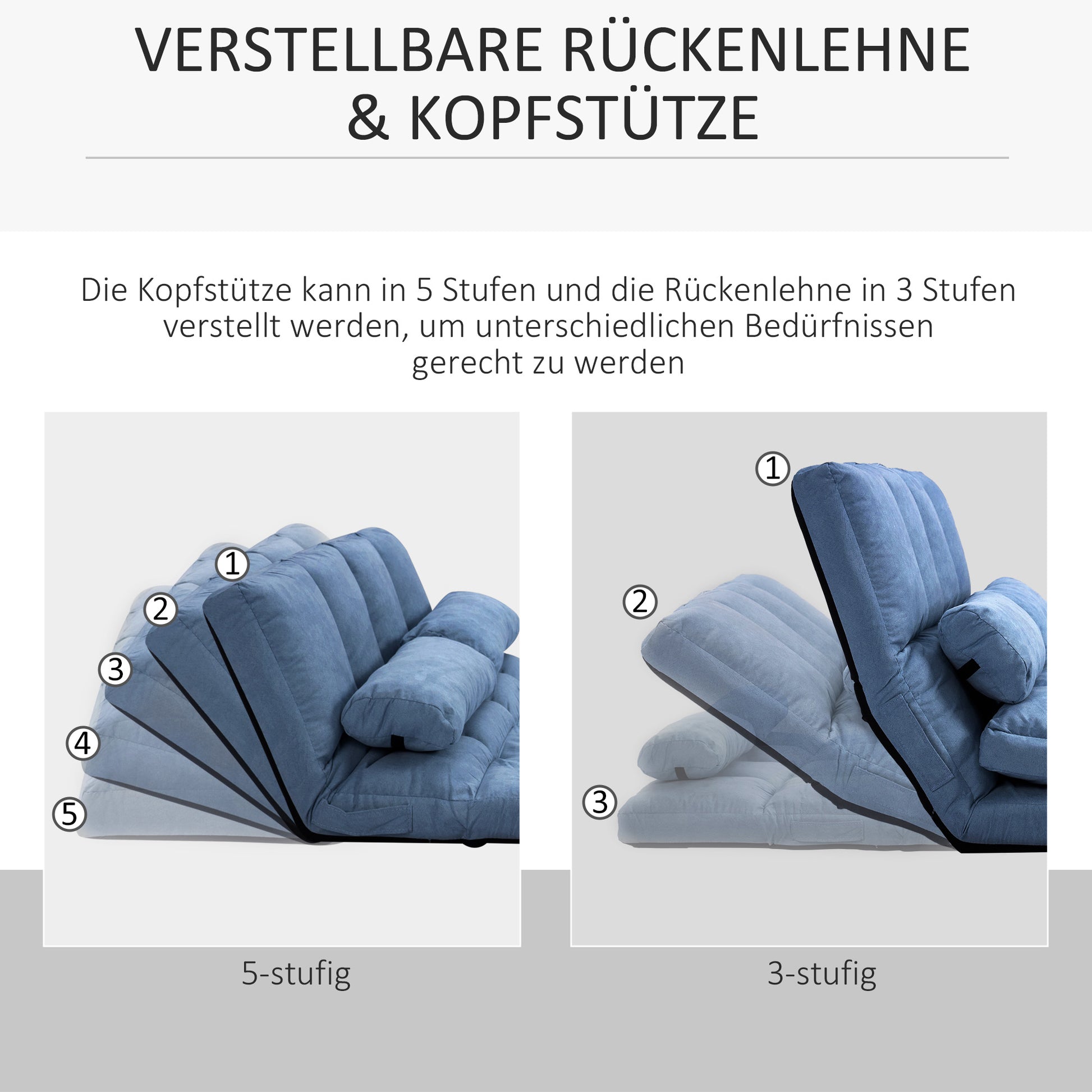 Floor Chair 2-in-1 Floor Seat Bed with Backrest 3 Positions Adjustable Seat Cushion Blue Velvet Metal 102 x 73 x 60 cm